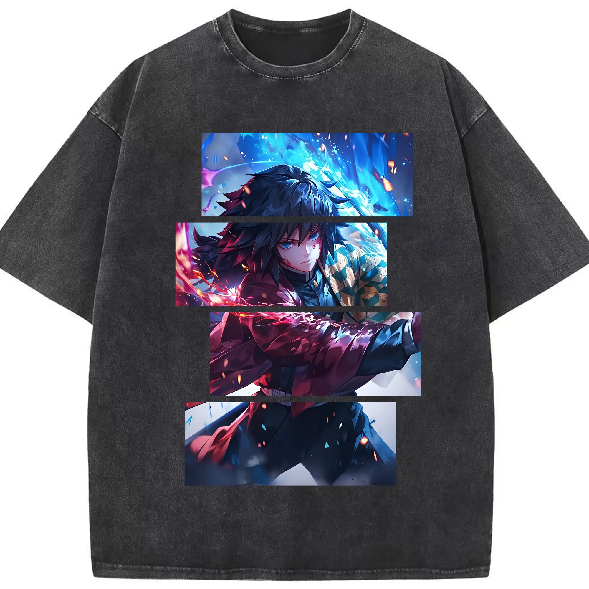 鬼滅の刃 グッズ,冨岡 義勇 - 綿100％ ヴィンテージ風 半袖Tシャツ ・ フロントプリント ・ 柔らか肌触り ・ 通気性 快適 ・ スポーツ カジュアル 外出用