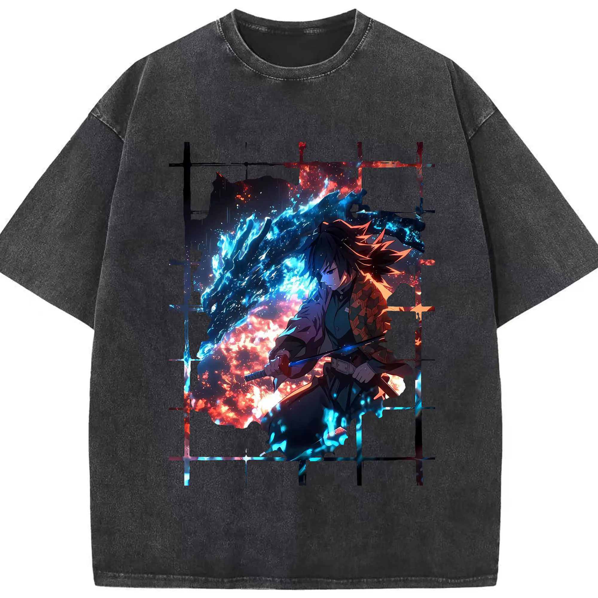 鬼滅の刃 グッズ,冨岡 義勇 - 綿100％ ヴィンテージ風 半袖Tシャツ ・ フロントプリント ・ 柔らか肌触り ・ 通気性 快適 ・ スポーツ カジュアル 外出用