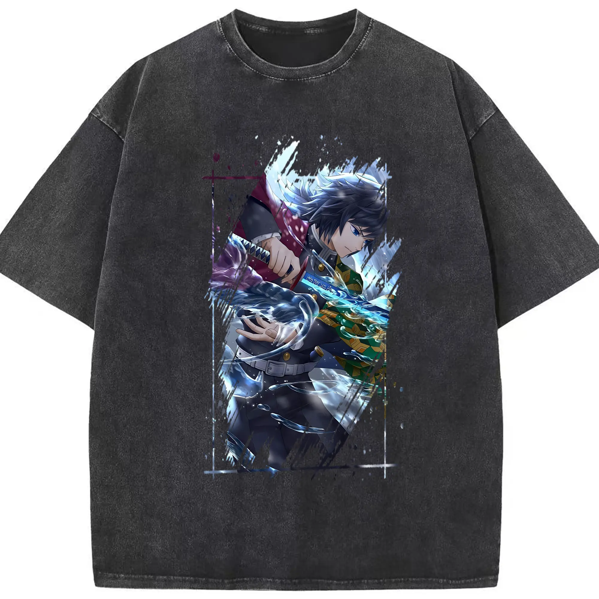 鬼滅の刃 グッズ,冨岡 義勇 - 綿100％ ヴィンテージ風 半袖Tシャツ ・ フロントプリント ・ 柔らか肌触り ・ 通気性 快適 ・ スポーツ カジュアル 外出用