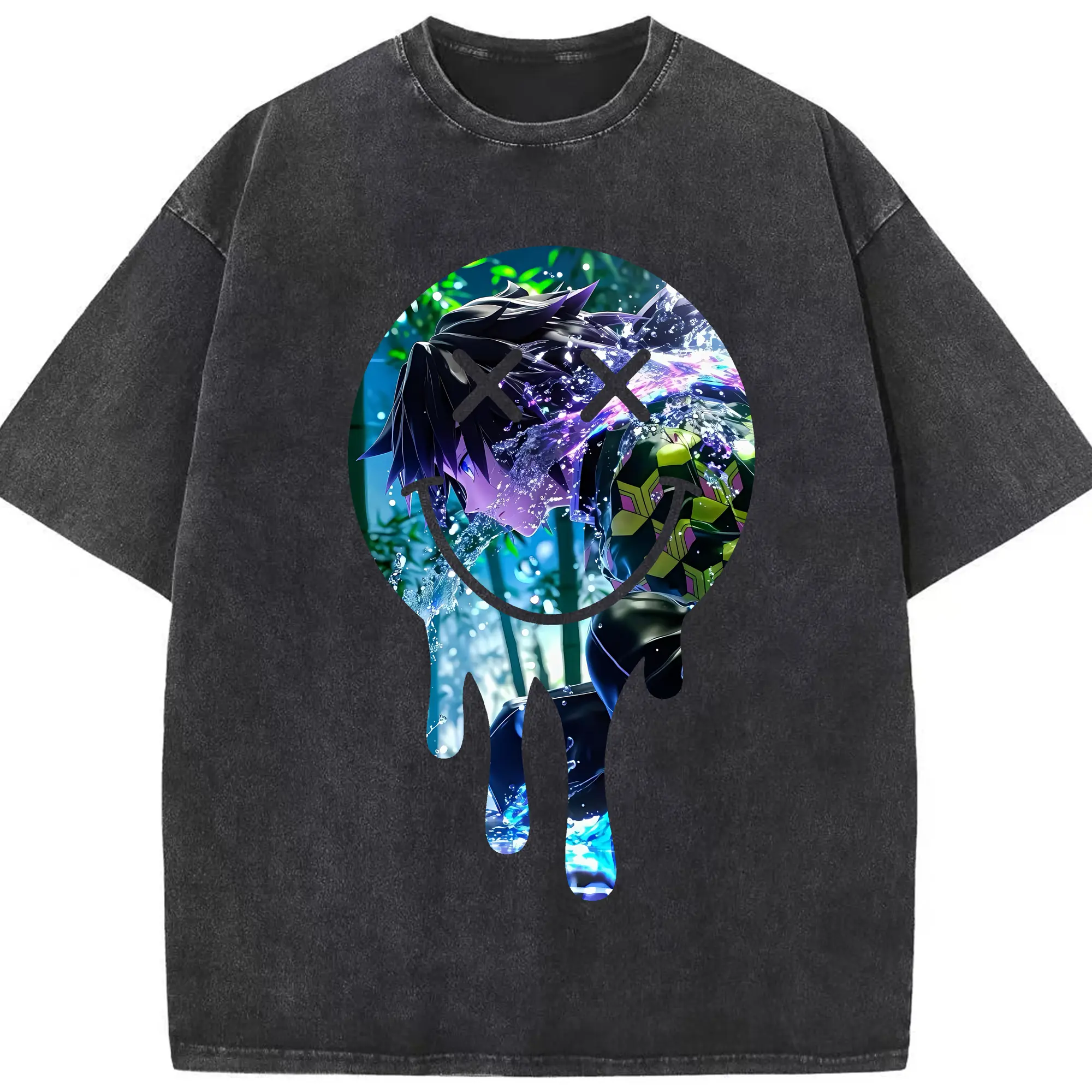 鬼滅の刃 グッズ,冨岡 義勇 - 綿100％ ヴィンテージ風 半袖Tシャツ ・ フロントプリント ・ 柔らか肌触り ・ 通気性 快適 ・ スポーツ カジュアル 外出用