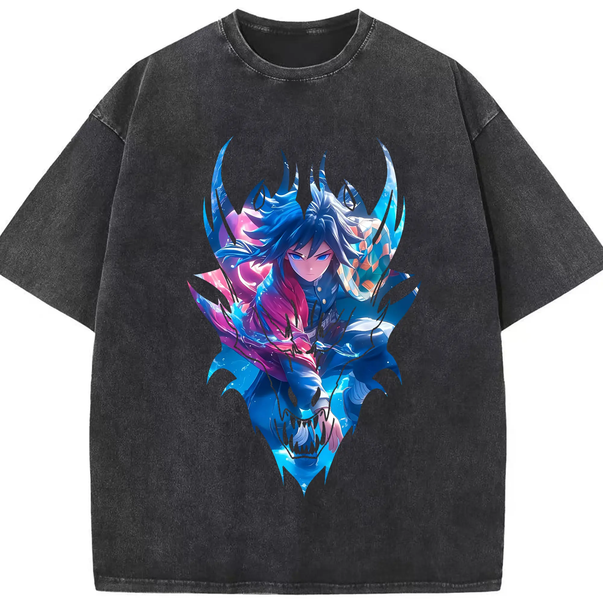 鬼滅の刃 グッズ,冨岡 義勇 - 綿100％ ヴィンテージ風 半袖Tシャツ ・ フロントプリント ・ 柔らか肌触り ・ 通気性 快適 ・ スポーツ カジュアル 外出用