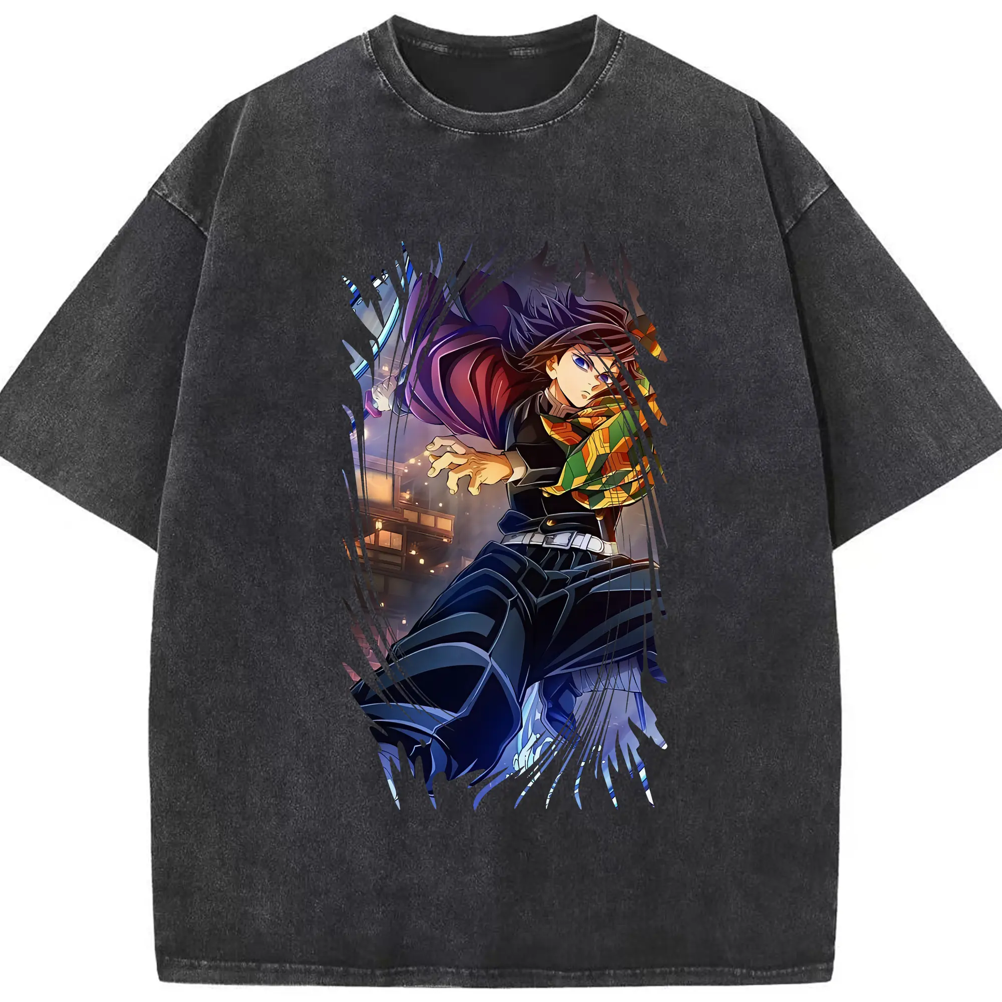 鬼滅の刃 グッズ,冨岡 義勇 - 綿100％ ヴィンテージ風 半袖Tシャツ ・ フロントプリント ・ 柔らか肌触り ・ 通気性 快適 ・ スポーツ カジュアル 外出用