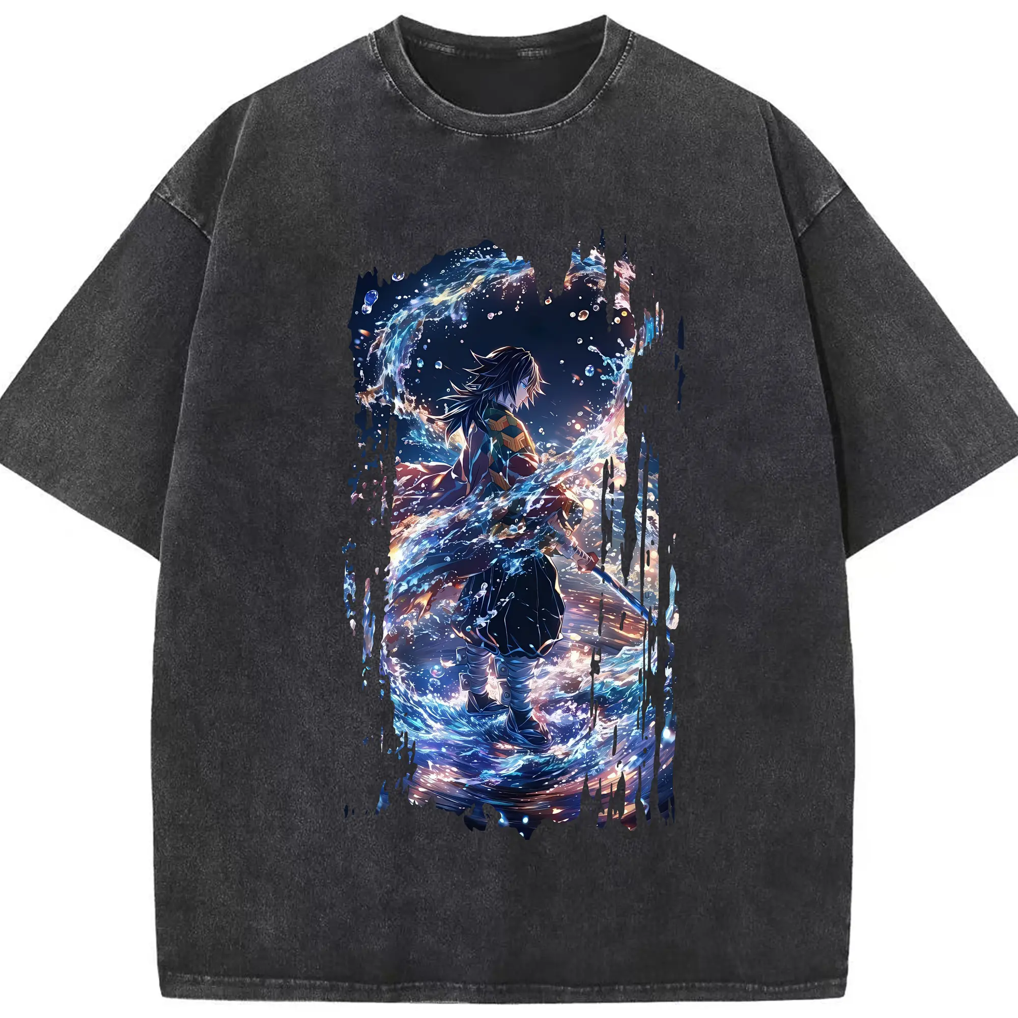 鬼滅の刃 グッズ,冨岡 義勇 - 綿100％ ヴィンテージ風 半袖Tシャツ ・ フロントプリント ・ 柔らか肌触り ・ 通気性 快適 ・ スポーツ カジュアル 外出用