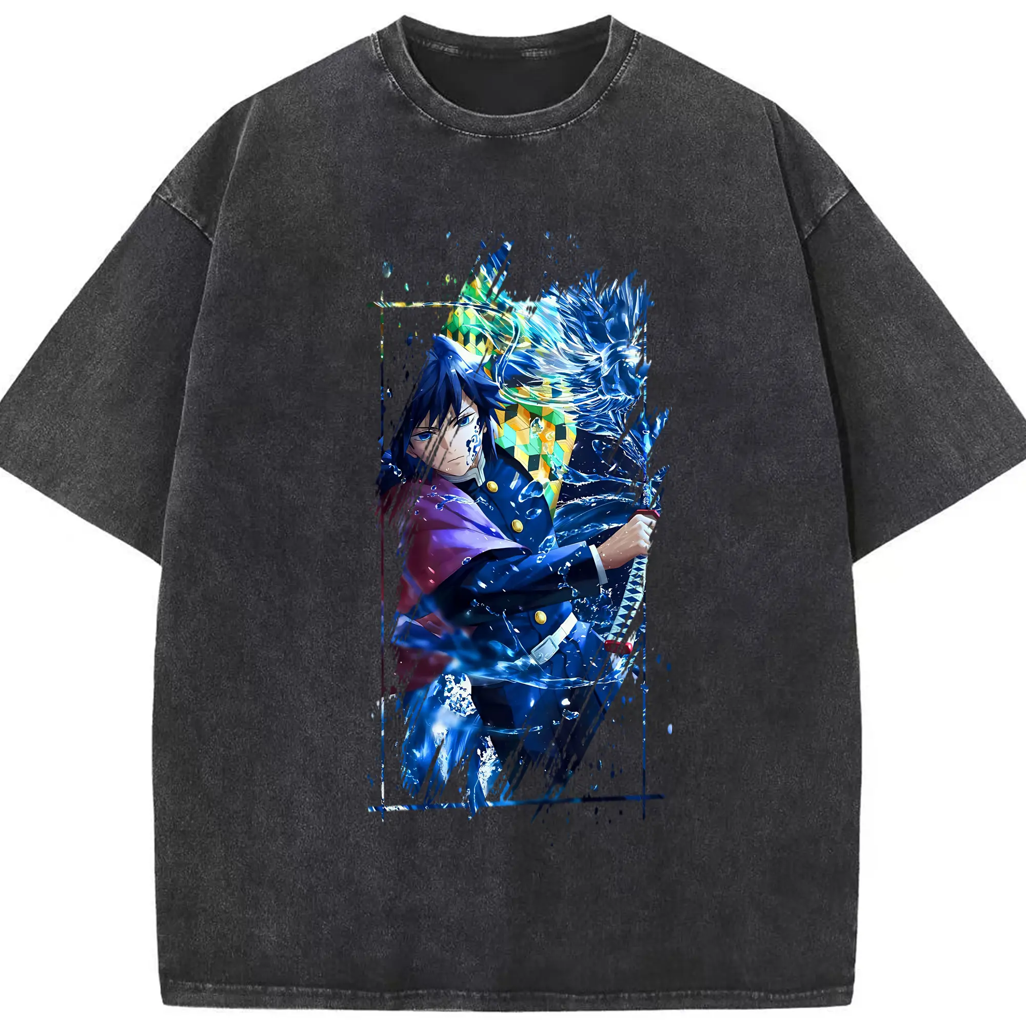 鬼滅の刃 グッズ,冨岡 義勇 - 綿100％ ヴィンテージ風 半袖Tシャツ ・ フロントプリント ・ 柔らか肌触り ・ 通気性 快適 ・ スポーツ カジュアル 外出用