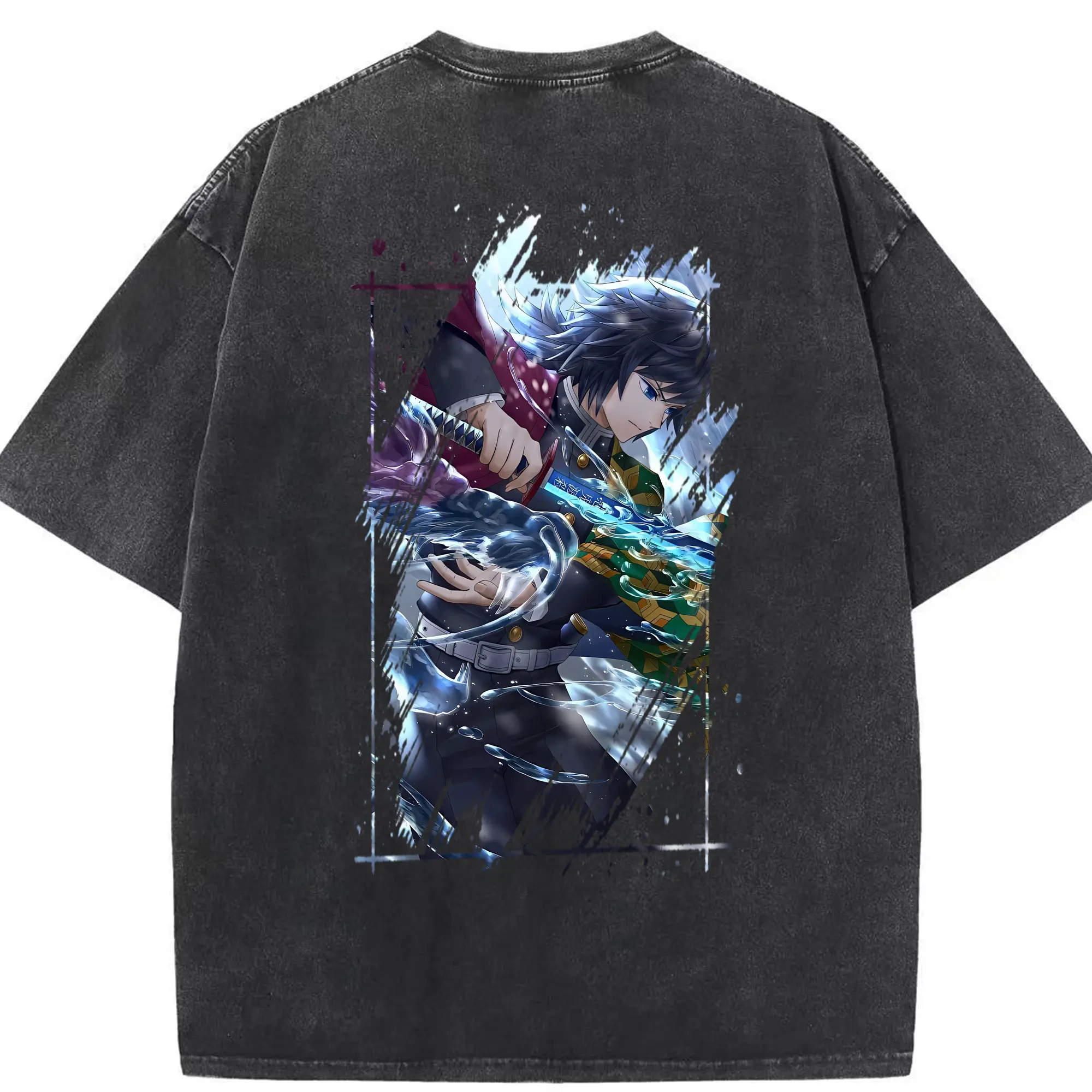 鬼滅の刃 グッズ,冨岡 義勇 - 綿100％ ヴィンテージ風 半袖Tシャツ ・ 背面プリント ・ 柔らか肌触り ・ 通気性 快適 ・ スポーツ カジュアル 外出用