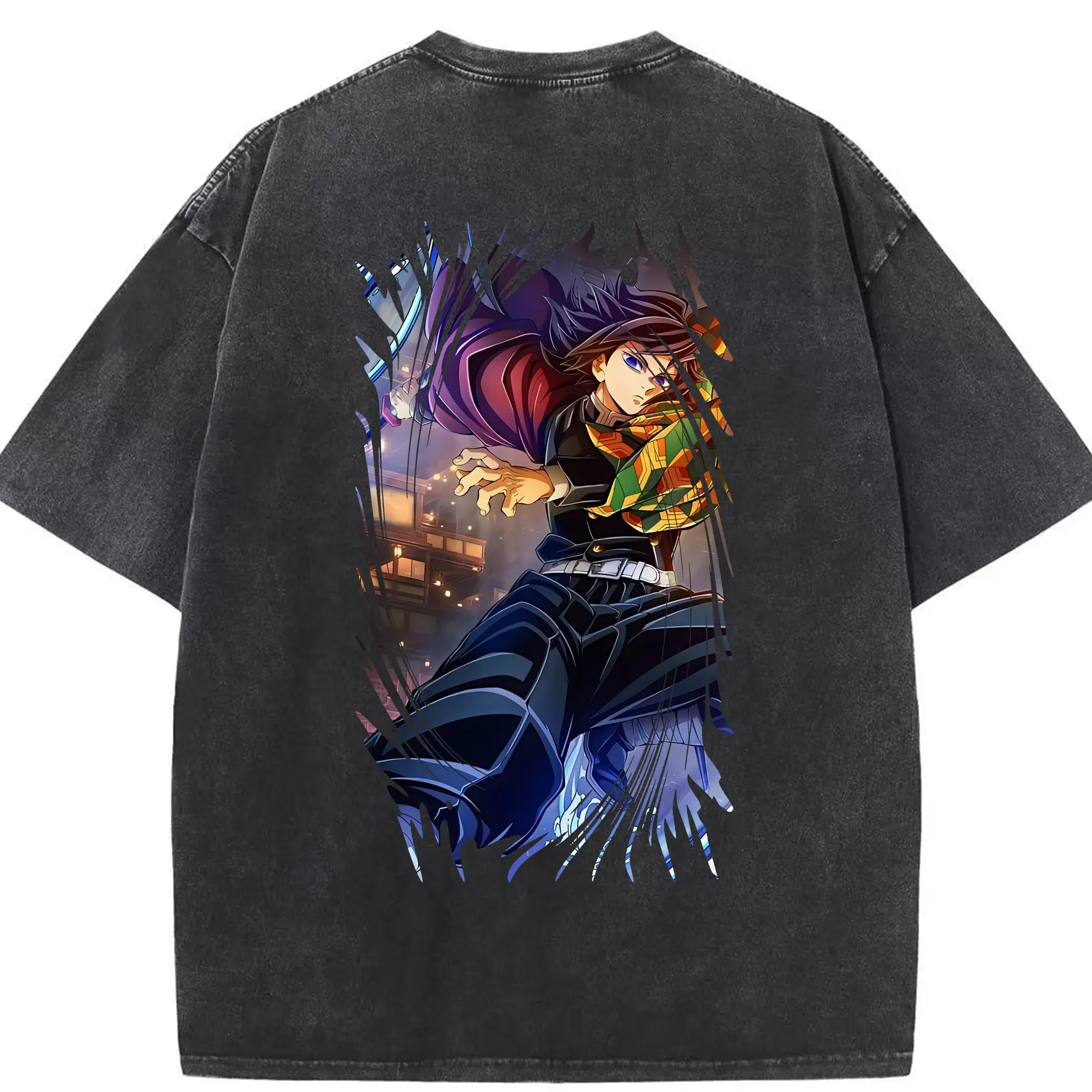 鬼滅の刃 グッズ,冨岡 義勇 - 綿100％ ヴィンテージ風 半袖Tシャツ ・ 背面プリント ・ 柔らか肌触り ・ 通気性 快適 ・ スポーツ カジュアル 外出用