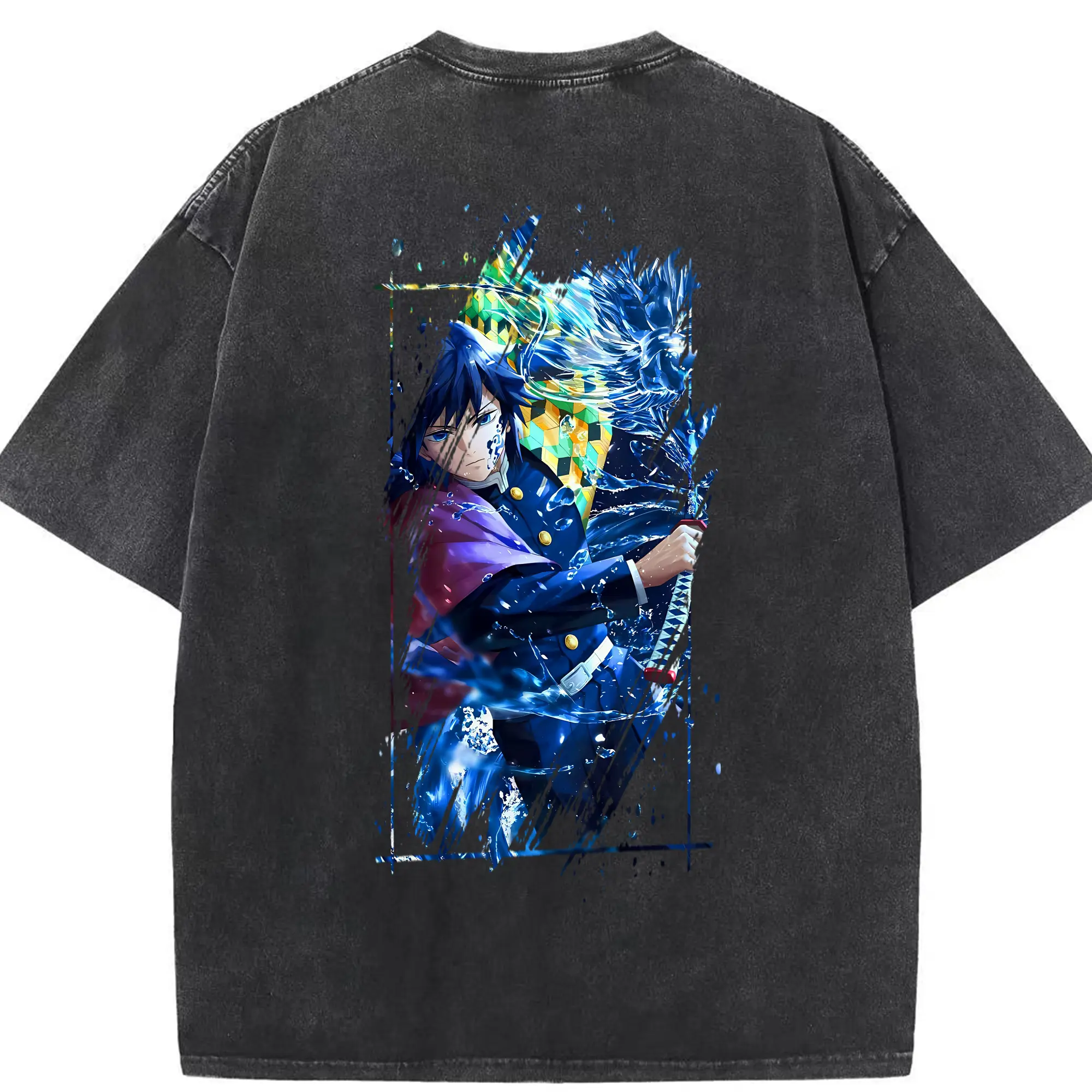 鬼滅の刃 グッズ,冨岡 義勇 - 綿100％ ヴィンテージ風 半袖Tシャツ ・ 背面プリント ・ 柔らか肌触り ・ 通気性 快適 ・ スポーツ カジュアル 外出用