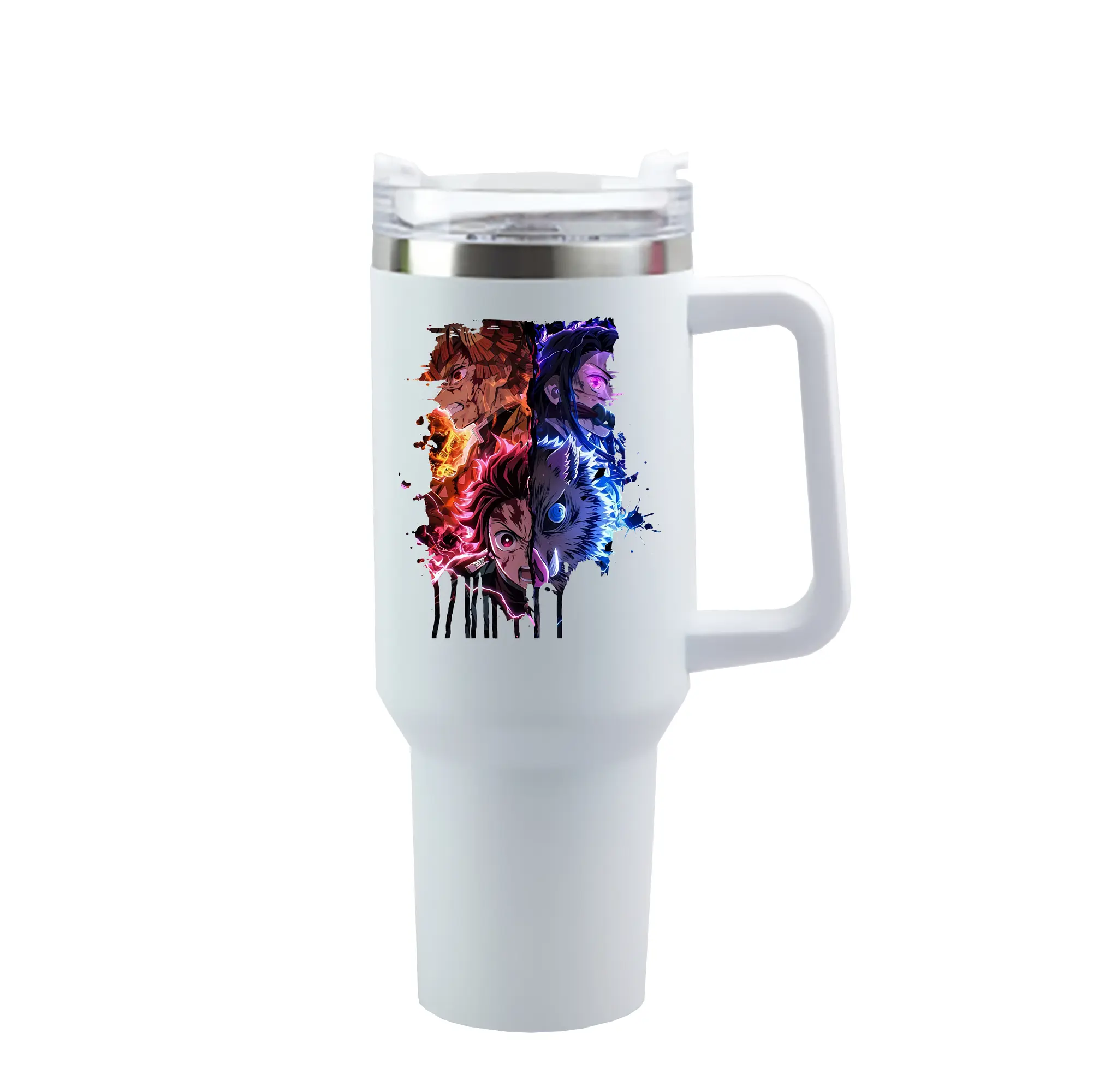 鬼滅の刃 グッズ,竈門 炭治郎 - 1200mL 車用タンブラー ・ クリスタルステッカー ・ 304ステンレス 内側 ・ 201ステンレス 外側 ・ 保温 保冷 ・ ハンドル＆ストロー付き ・ 通勤 ドライブ アウトドア用