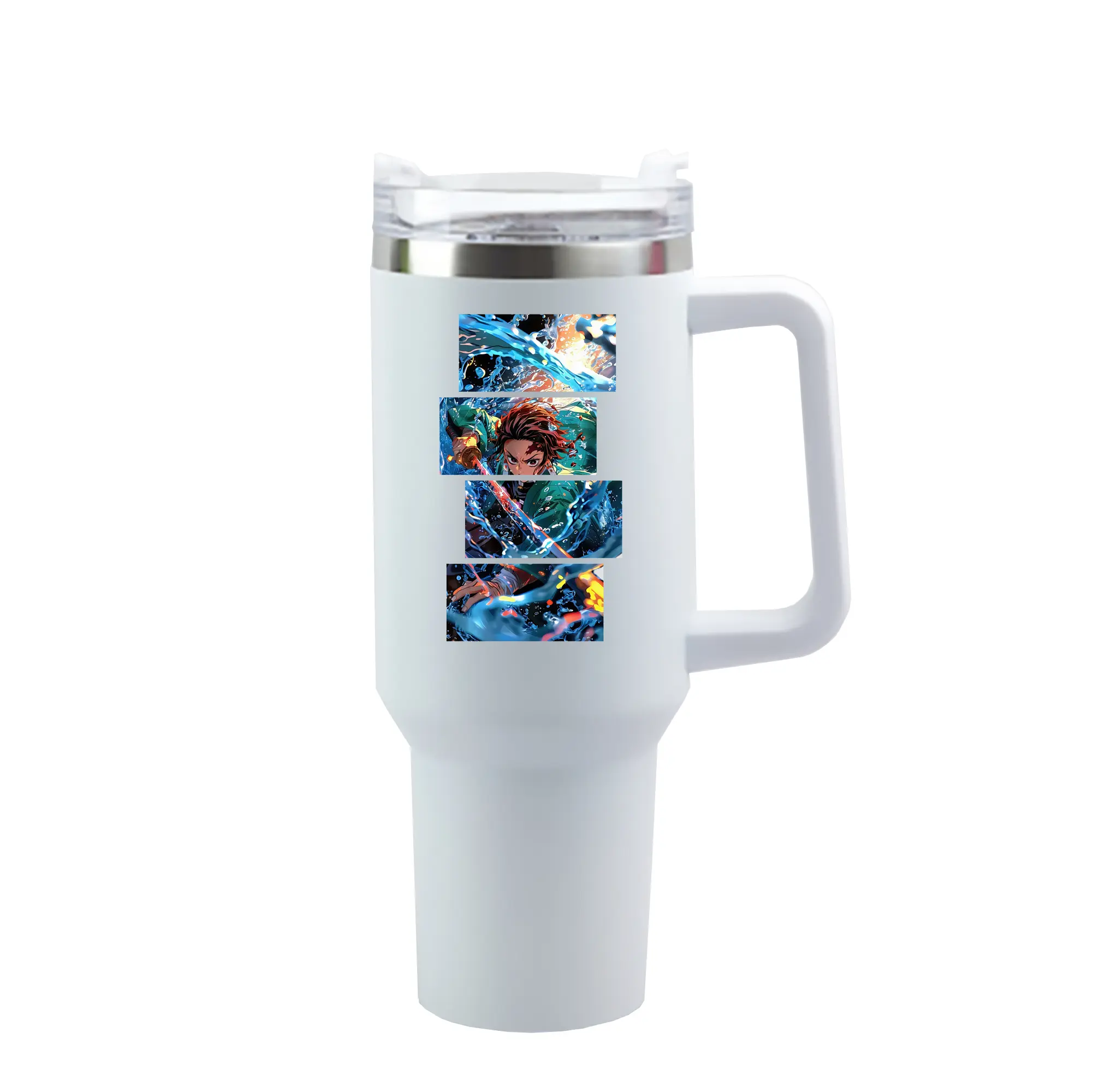 鬼滅の刃 グッズ,竈門 炭治郎 - 1200mL 車用タンブラー ・ クリスタルステッカー ・ 304ステンレス 内側 ・ 201ステンレス 外側 ・ 保温 保冷 ・ ハンドル＆ストロー付き ・ 通勤 ドライブ アウトドア用