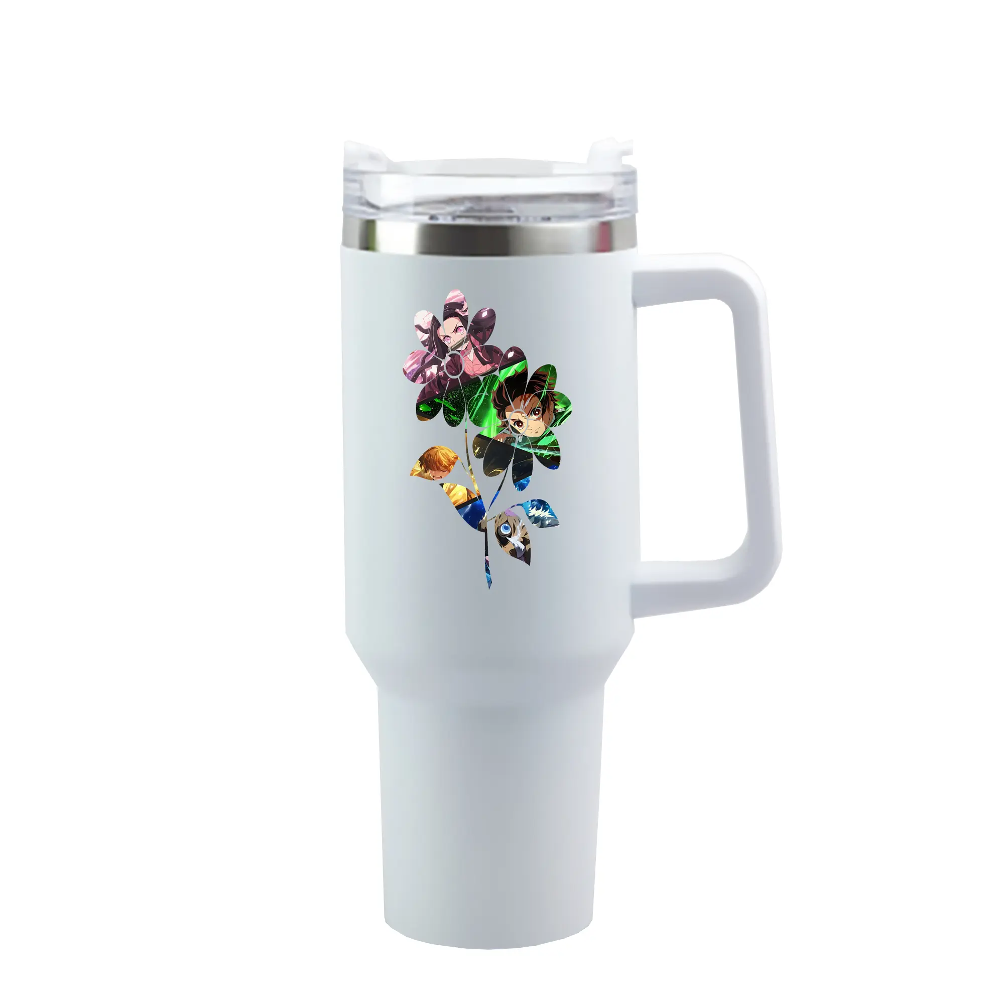 鬼滅の刃 グッズ,竈門 炭治郎 - 1200mL 車用タンブラー ・ クリスタルステッカー ・ 304ステンレス 内側 ・ 201ステンレス 外側 ・ 保温 保冷 ・ ハンドル＆ストロー付き ・ 通勤 ドライブ アウトドア用