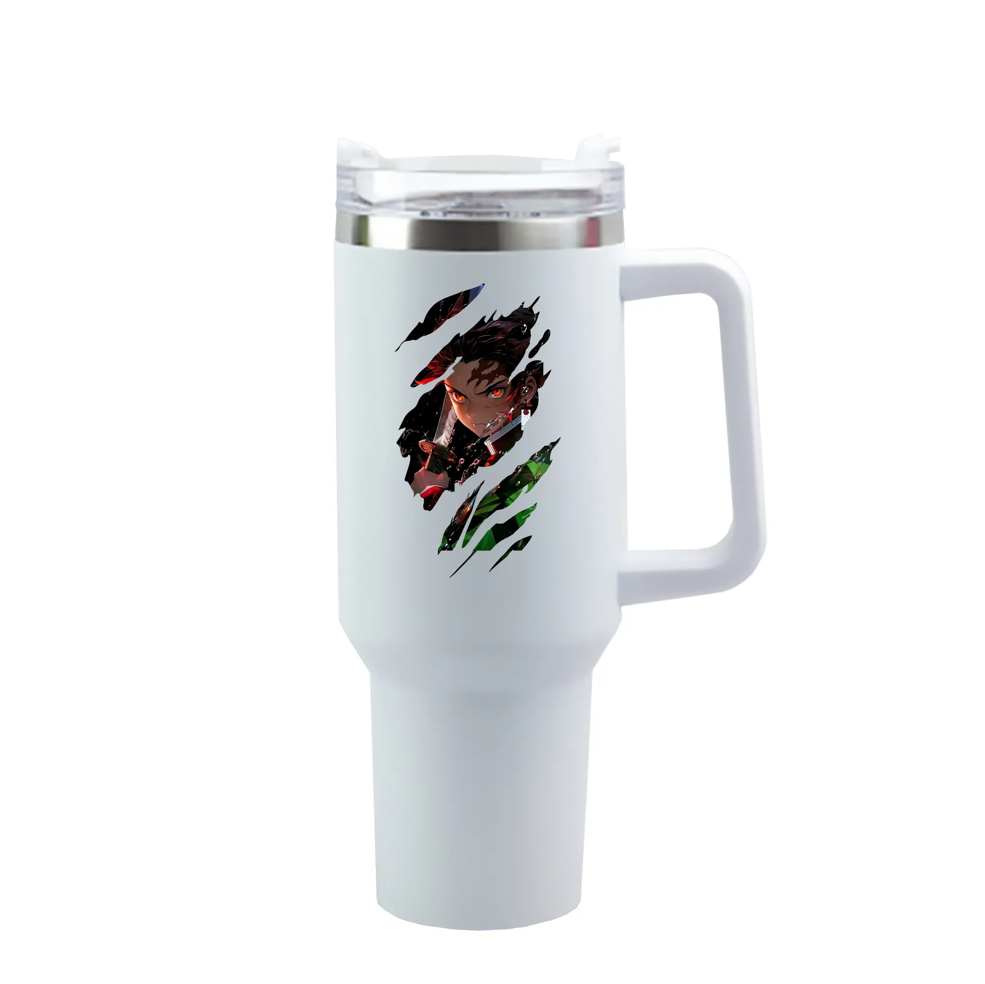鬼滅の刃 グッズ,竈門 炭治郎 - 1200mL 車用タンブラー ・ クリスタルステッカー ・ 304ステンレス 内側 ・ 201ステンレス 外側 ・ 保温 保冷 ・ ハンドル＆ストロー付き ・ 通勤 ドライブ アウトドア用