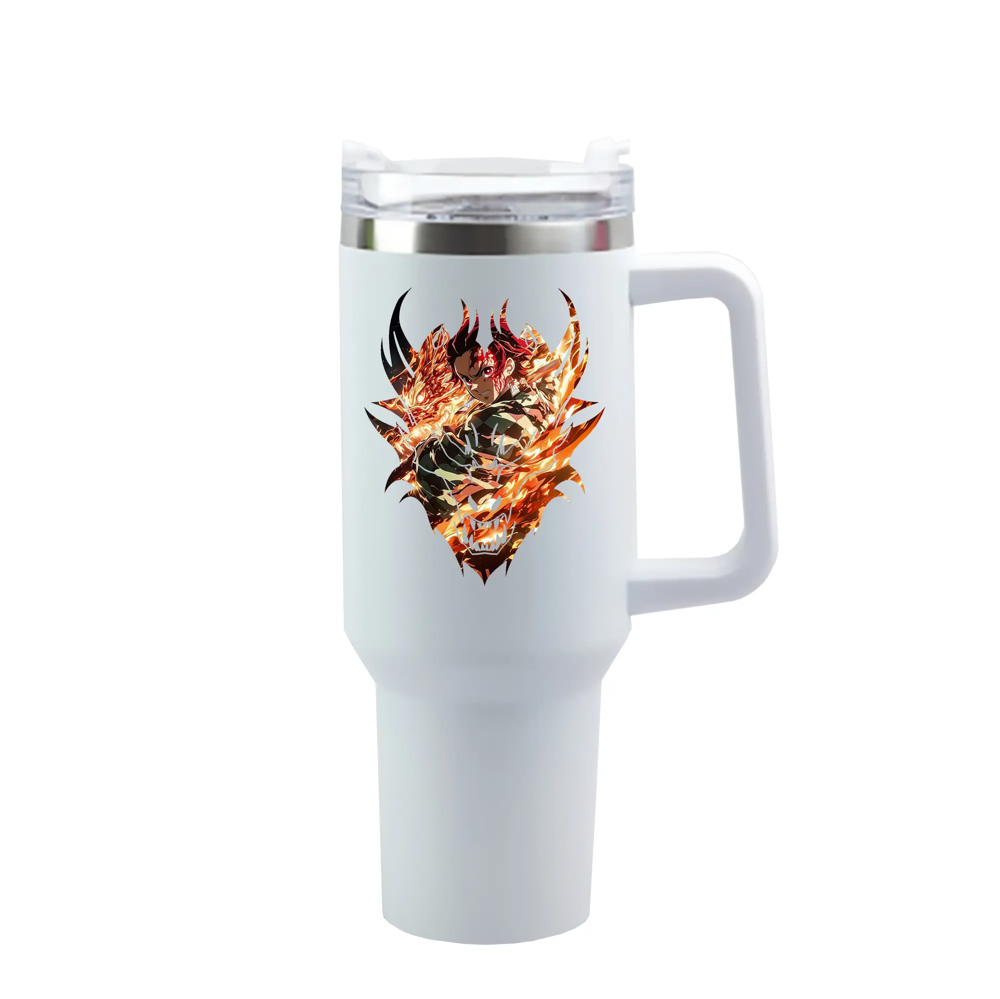 鬼滅の刃 グッズ,竈門 炭治郎 - 1200mL 車用タンブラー ・ クリスタルステッカー ・ 304ステンレス 内側 ・ 201ステンレス 外側 ・ 保温 保冷 ・ ハンドル＆ストロー付き ・ 通勤 ドライブ アウトドア用
