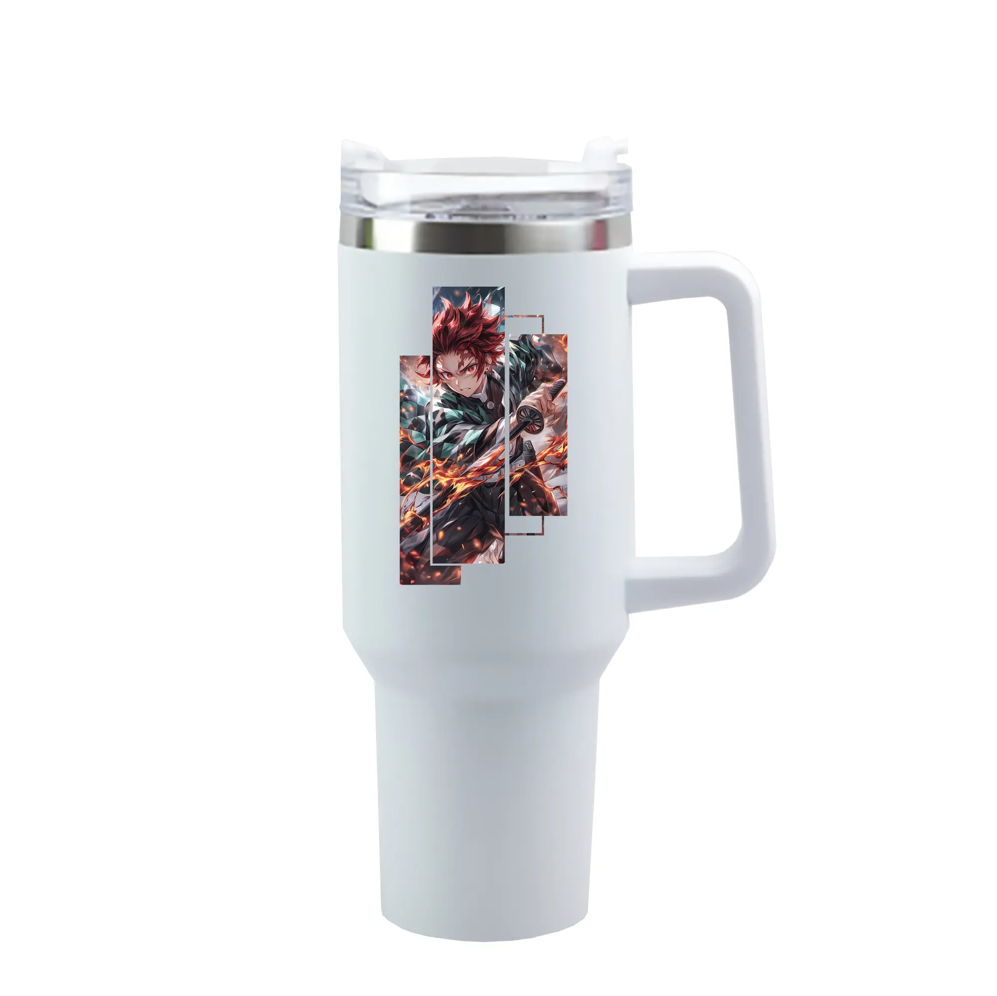 鬼滅の刃 グッズ,竈門 炭治郎 - 1200mL 車用タンブラー ・ クリスタルステッカー ・ 304ステンレス 内側 ・ 201ステンレス 外側 ・ 保温 保冷 ・ ハンドル＆ストロー付き ・ 通勤 ドライブ アウトドア用