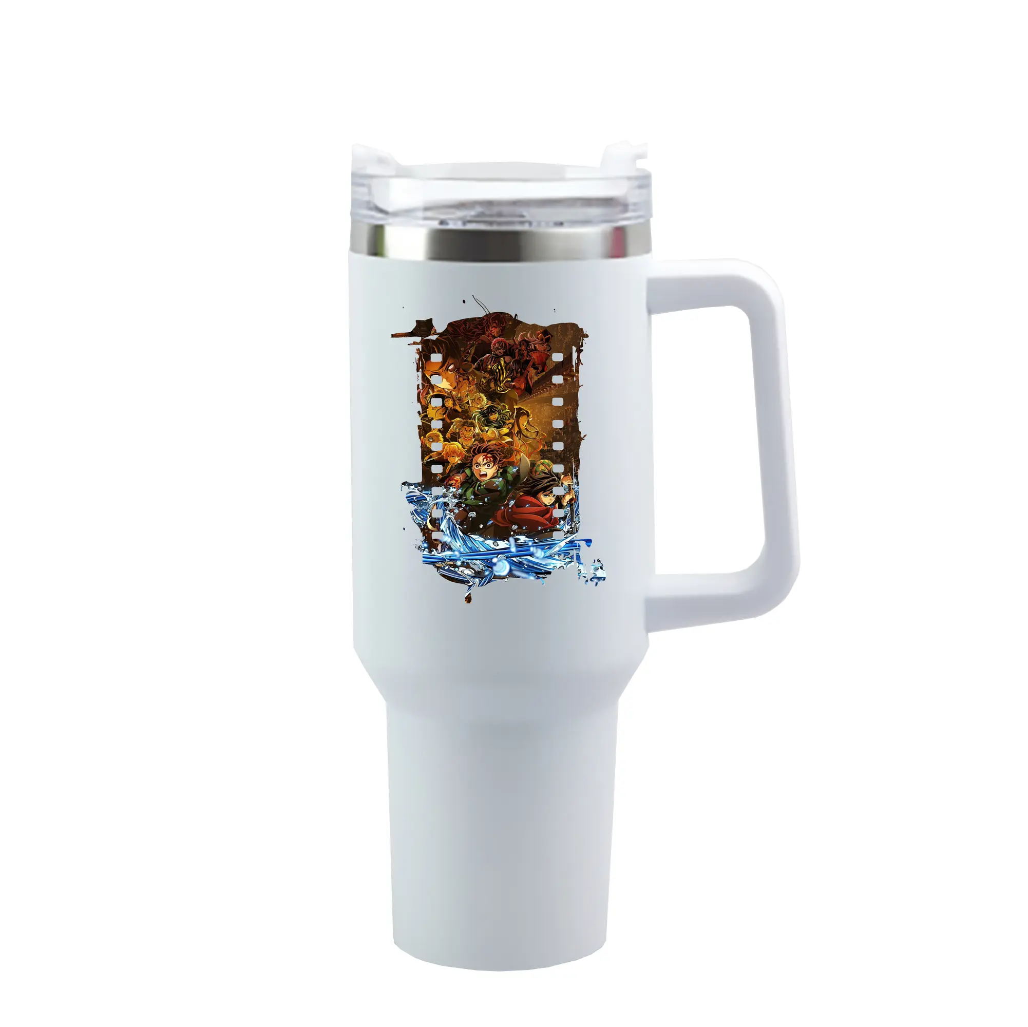 鬼滅の刃 グッズ,竈門 炭治郎 - 1200mL 車用タンブラー ・ クリスタルステッカー ・ 304ステンレス 内側 ・ 201ステンレス 外側 ・ 保温 保冷 ・ ハンドル＆ストロー付き ・ 通勤 ドライブ アウトドア用