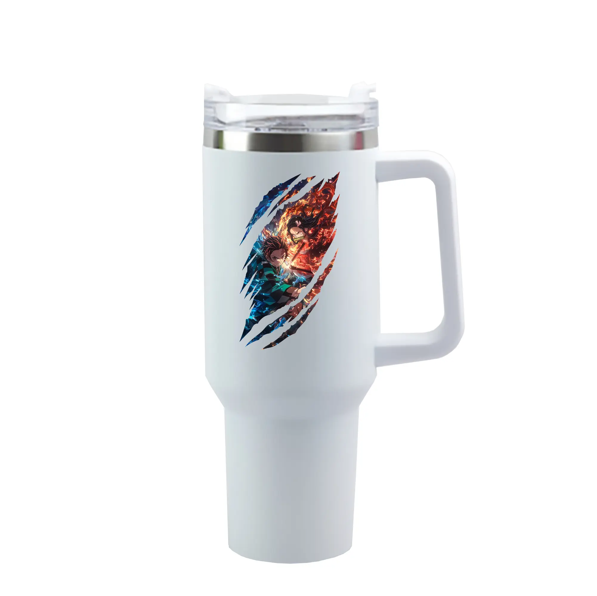 鬼滅の刃 グッズ,竈門 炭治郎 - 1200mL 車用タンブラー ・ クリスタルステッカー ・ 304ステンレス 内側 ・ 201ステンレス 外側 ・ 保温 保冷 ・ ハンドル＆ストロー付き ・ 通勤 ドライブ アウトドア用