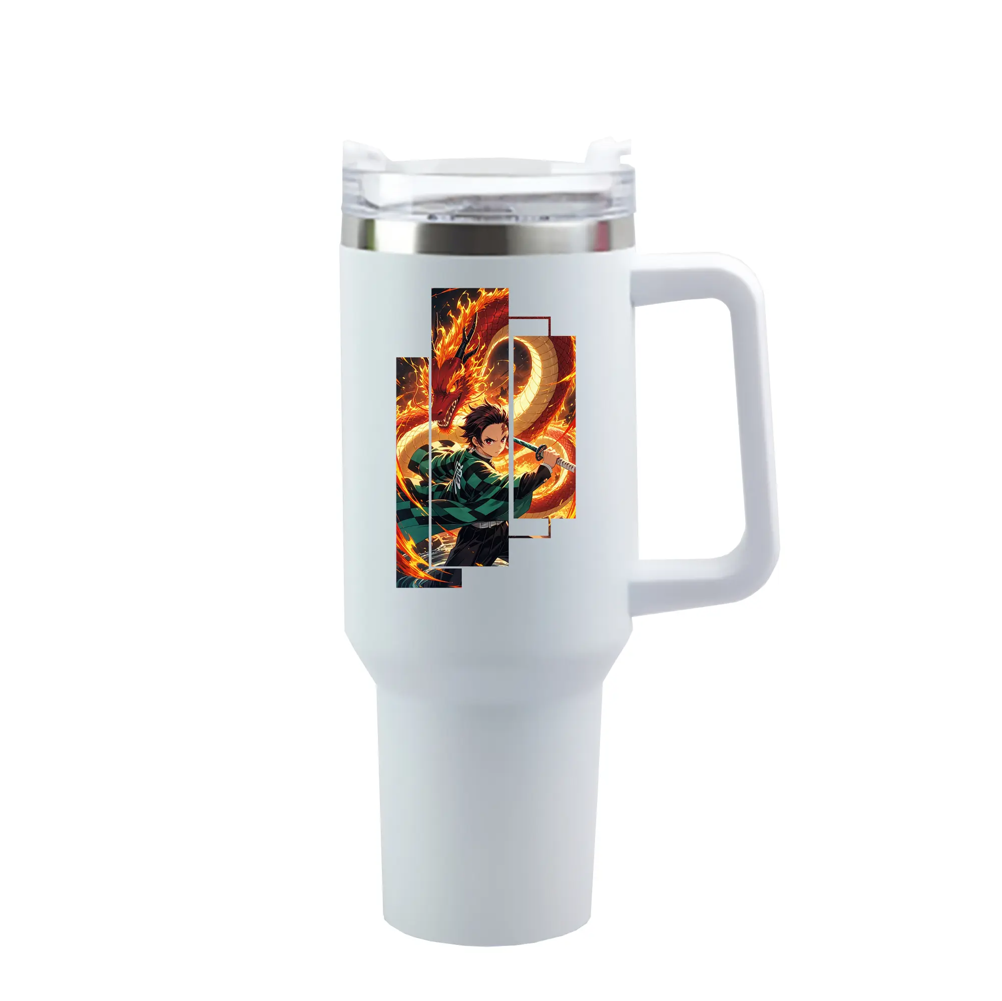 鬼滅の刃 グッズ,竈門 炭治郎 - 1200mL 車用タンブラー ・ クリスタルステッカー ・ 304ステンレス 内側 ・ 201ステンレス 外側 ・ 保温 保冷 ・ ハンドル＆ストロー付き ・ 通勤 ドライブ アウトドア用