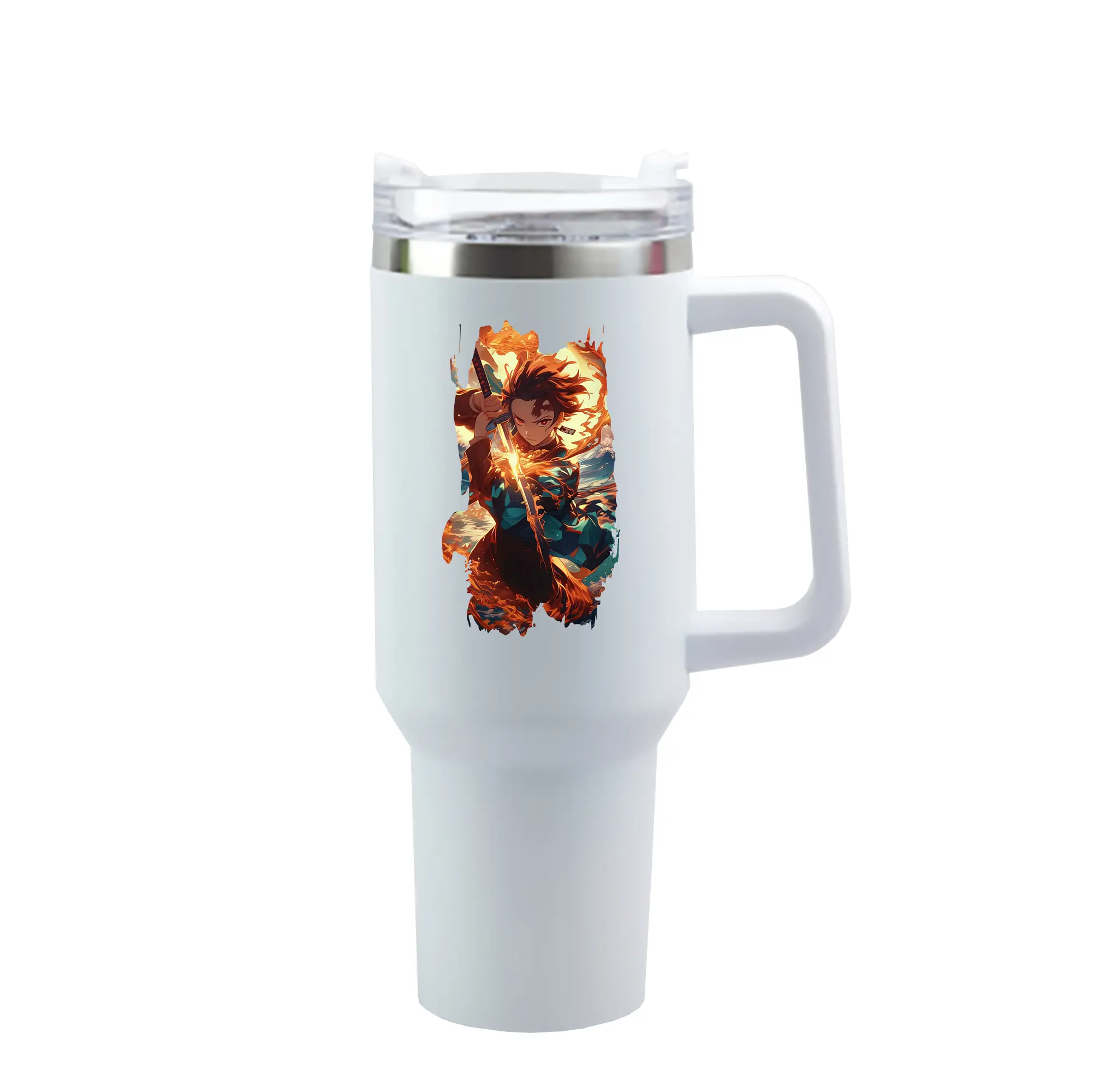 鬼滅の刃 グッズ,竈門 炭治郎 - 1200mL 車用タンブラー ・ クリスタルステッカー ・ 304ステンレス 内側 ・ 201ステンレス 外側 ・ 保温 保冷 ・ ハンドル＆ストロー付き ・ 通勤 ドライブ アウトドア用