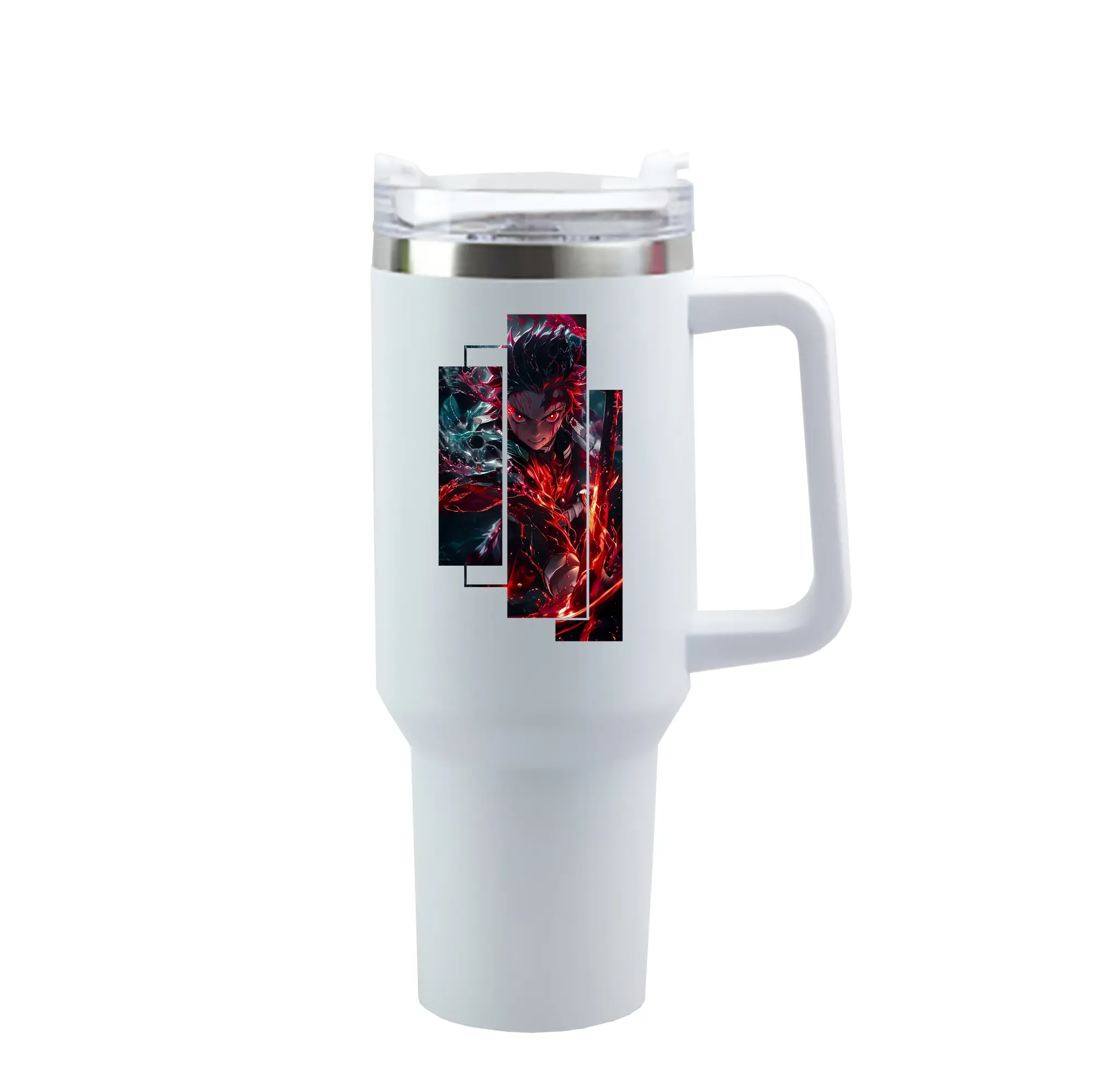 鬼滅の刃 グッズ,竈門 炭治郎 - 1200mL 車用タンブラー ・ クリスタルステッカー ・ 304ステンレス 内側 ・ 201ステンレス 外側 ・ 保温 保冷 ・ ハンドル＆ストロー付き ・ 通勤 ドライブ アウトドア用