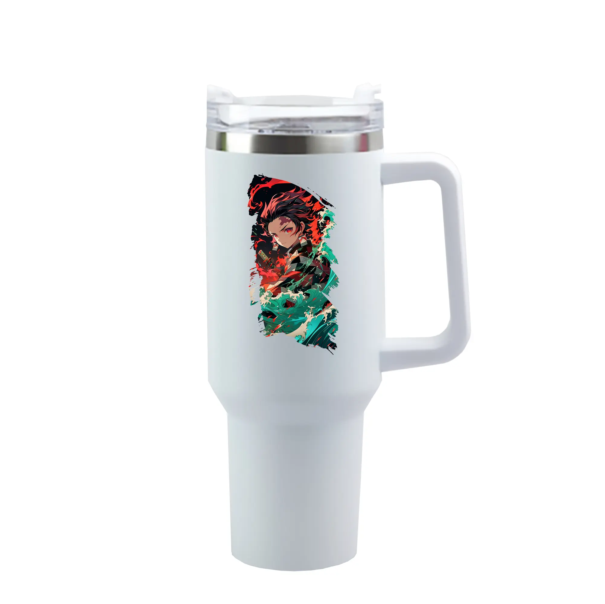 鬼滅の刃 グッズ,竈門 炭治郎 - 1200mL 車用タンブラー ・ クリスタルステッカー ・ 304ステンレス 内側 ・ 201ステンレス 外側 ・ 保温 保冷 ・ ハンドル＆ストロー付き ・ 通勤 ドライブ アウトドア用