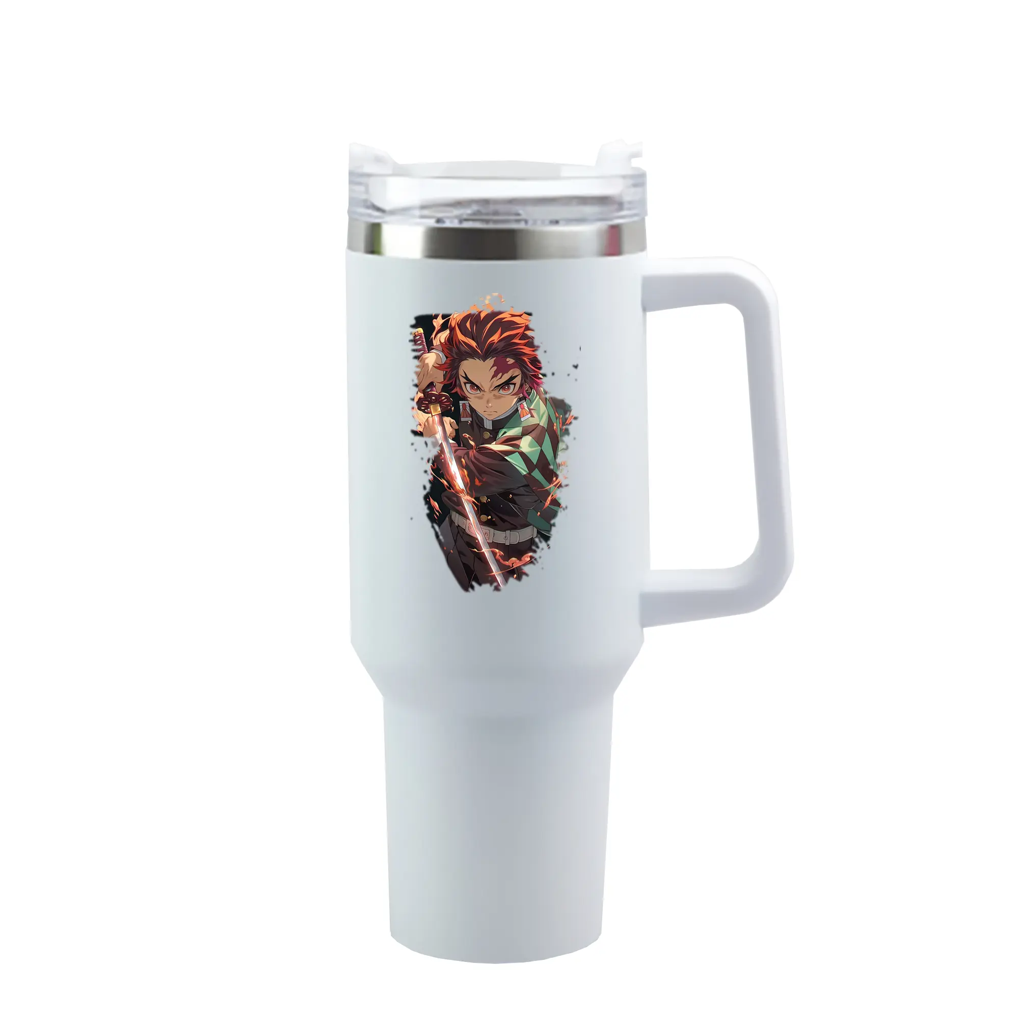 鬼滅の刃 グッズ,竈門 炭治郎 - 1200mL 車用タンブラー ・ クリスタルステッカー ・ 304ステンレス 内側 ・ 201ステンレス 外側 ・ 保温 保冷 ・ ハンドル＆ストロー付き ・ 通勤 ドライブ アウトドア用