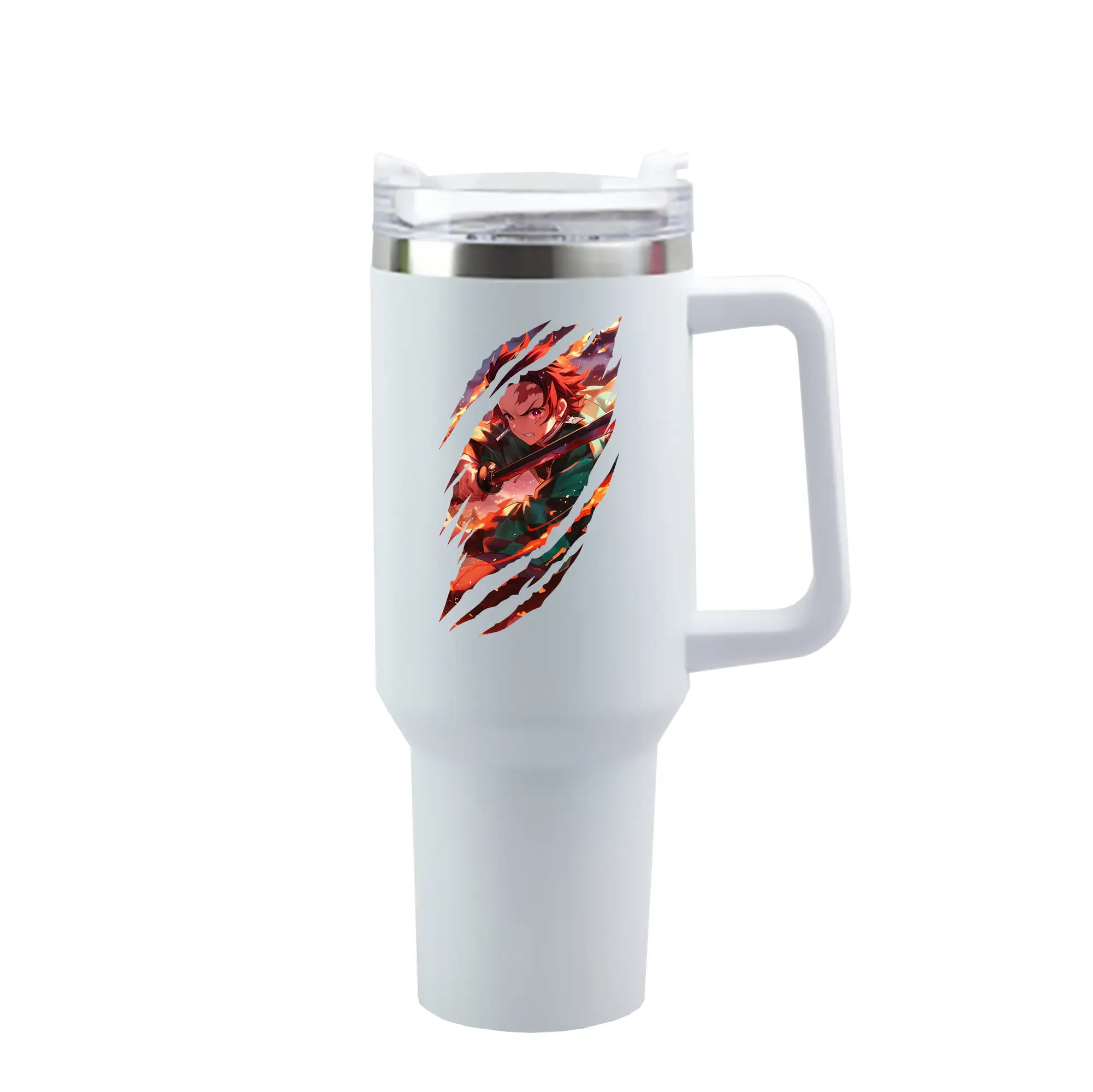 鬼滅の刃 グッズ,竈門 炭治郎 - 1200mL 車用タンブラー ・ クリスタルステッカー ・ 304ステンレス 内側 ・ 201ステンレス 外側 ・ 保温 保冷 ・ ハンドル＆ストロー付き ・ 通勤 ドライブ アウトドア用