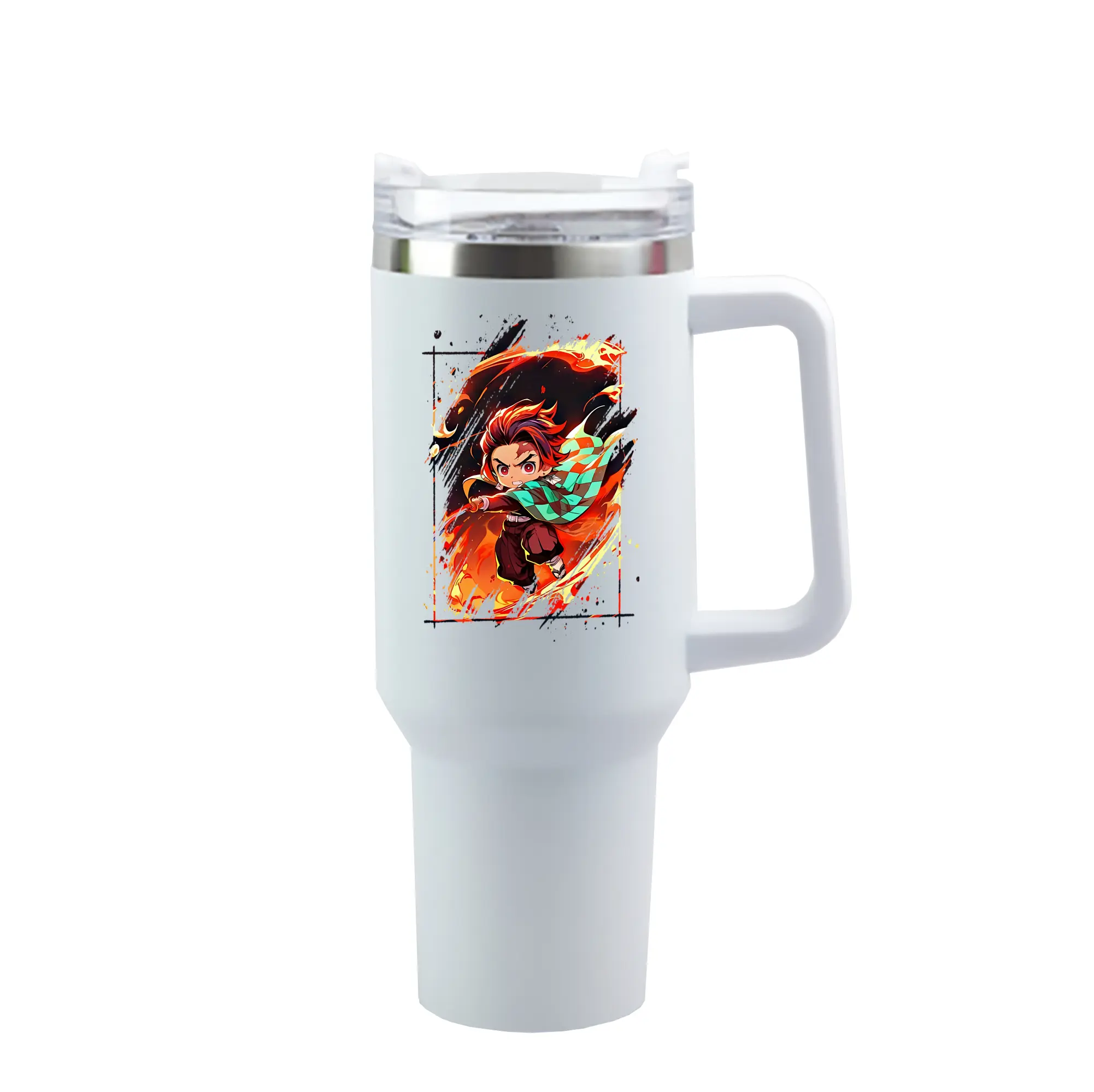 鬼滅の刃 グッズ,竈門 炭治郎 - 1200mL 車用タンブラー ・ クリスタルステッカー ・ 304ステンレス 内側 ・ 201ステンレス 外側 ・ 保温 保冷 ・ ハンドル＆ストロー付き ・ 通勤 ドライブ アウトドア用