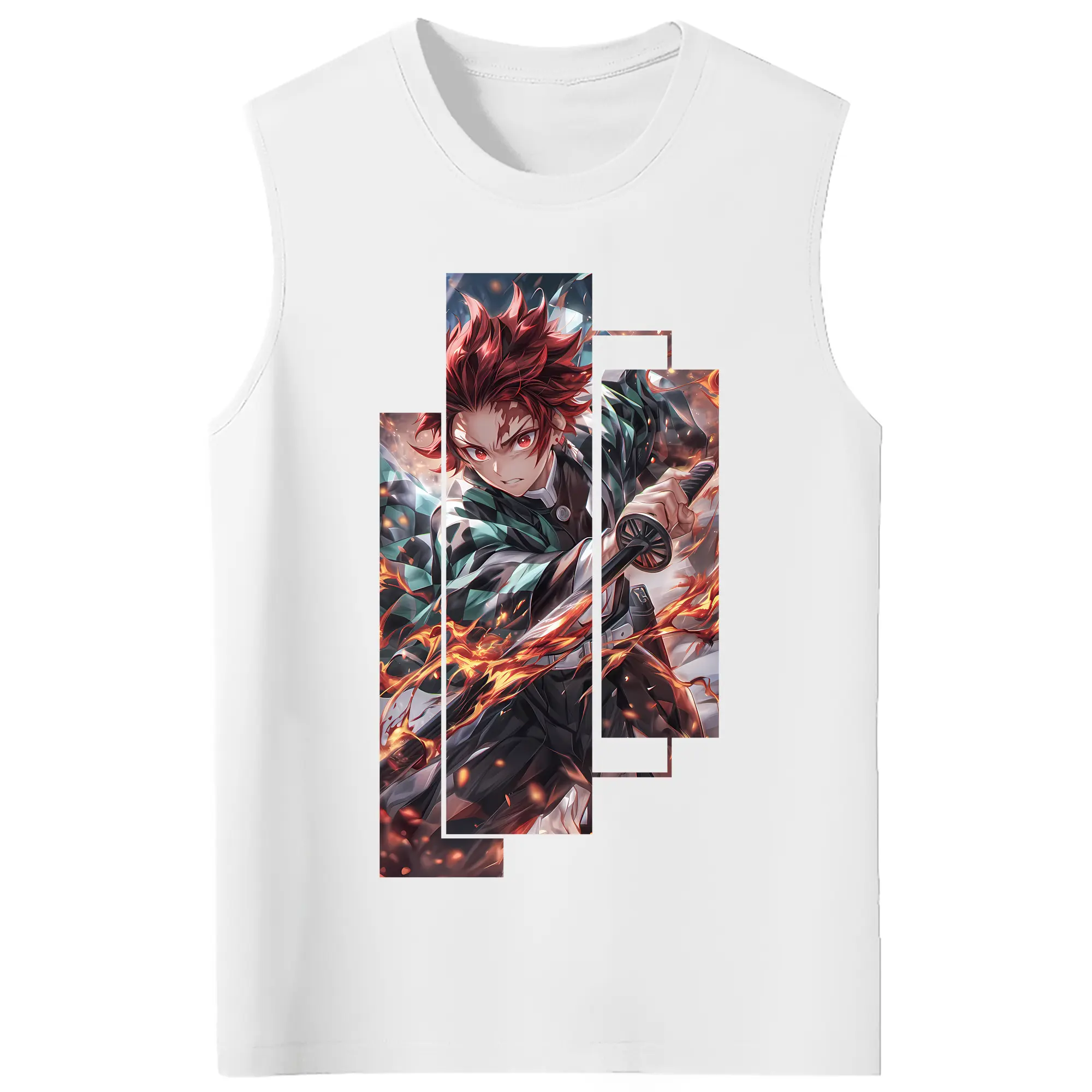 鬼滅の刃 グッズ,竈門 炭治郎 - コットン100％ タンクトップ ・ フロントプリント ・ タイトフィット ・ 快適 通気性 ・ スポーツ カジュアル 散歩用