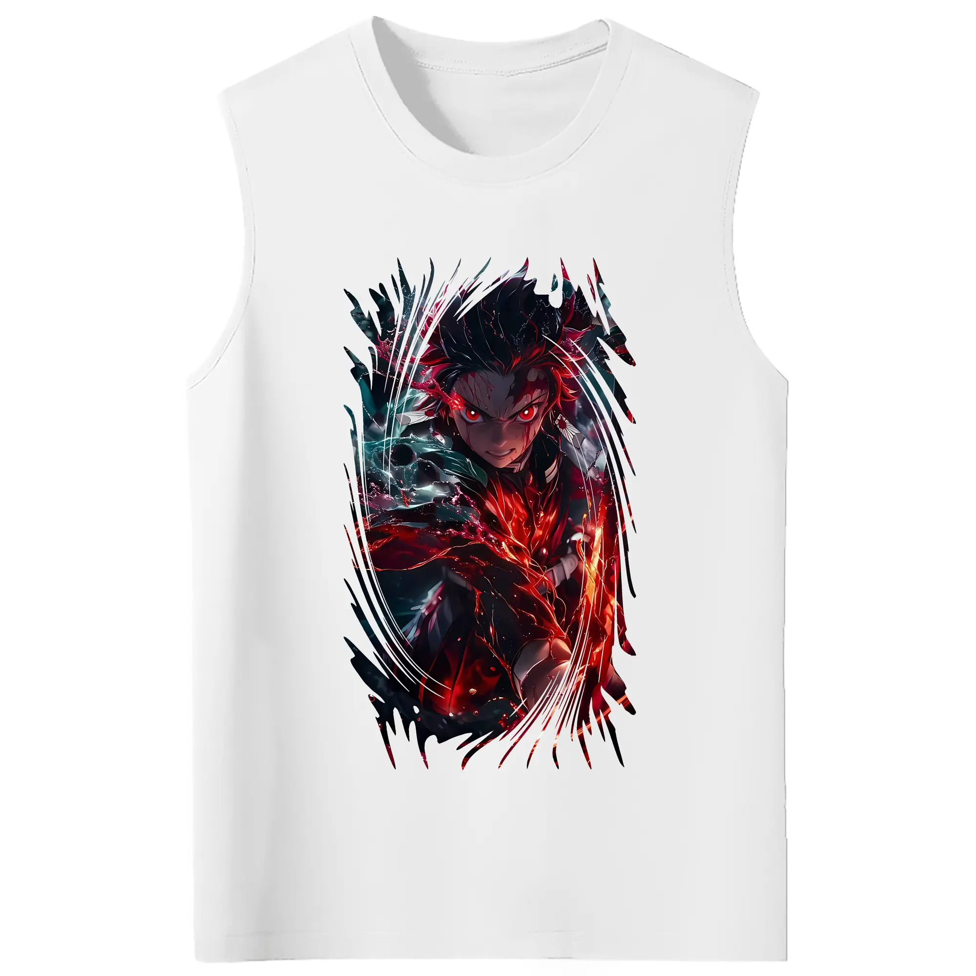 鬼滅の刃 グッズ,竈門 炭治郎 - コットン100％ タンクトップ ・ フロントプリント ・ タイトフィット ・ 快適 通気性 ・ スポーツ カジュアル 散歩用