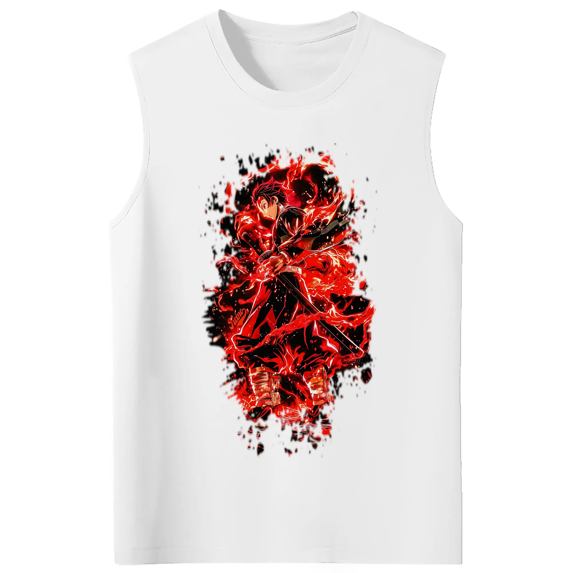 鬼滅の刃 グッズ,竈門 炭治郎 - コットン100％ タンクトップ ・ フロントプリント ・ タイトフィット ・ 快適 通気性 ・ スポーツ カジュアル 散歩用