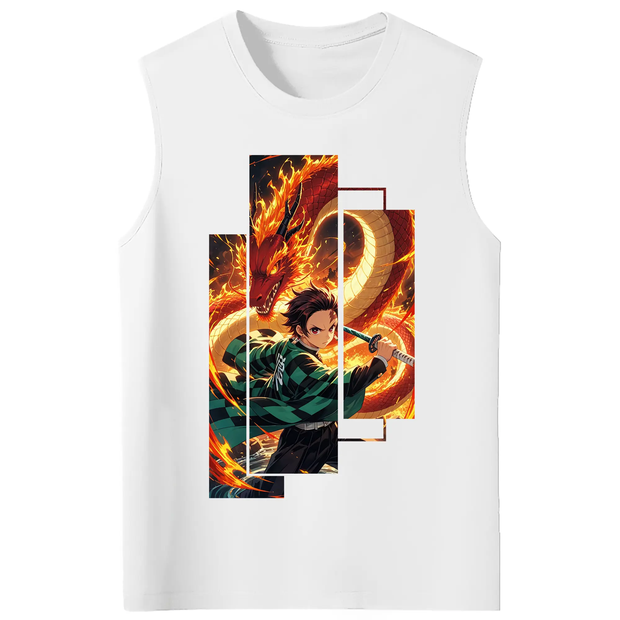 鬼滅の刃 グッズ,竈門 炭治郎 - コットン100％ タンクトップ ・ フロントプリント ・ タイトフィット ・ 快適 通気性 ・ スポーツ カジュアル 散歩用