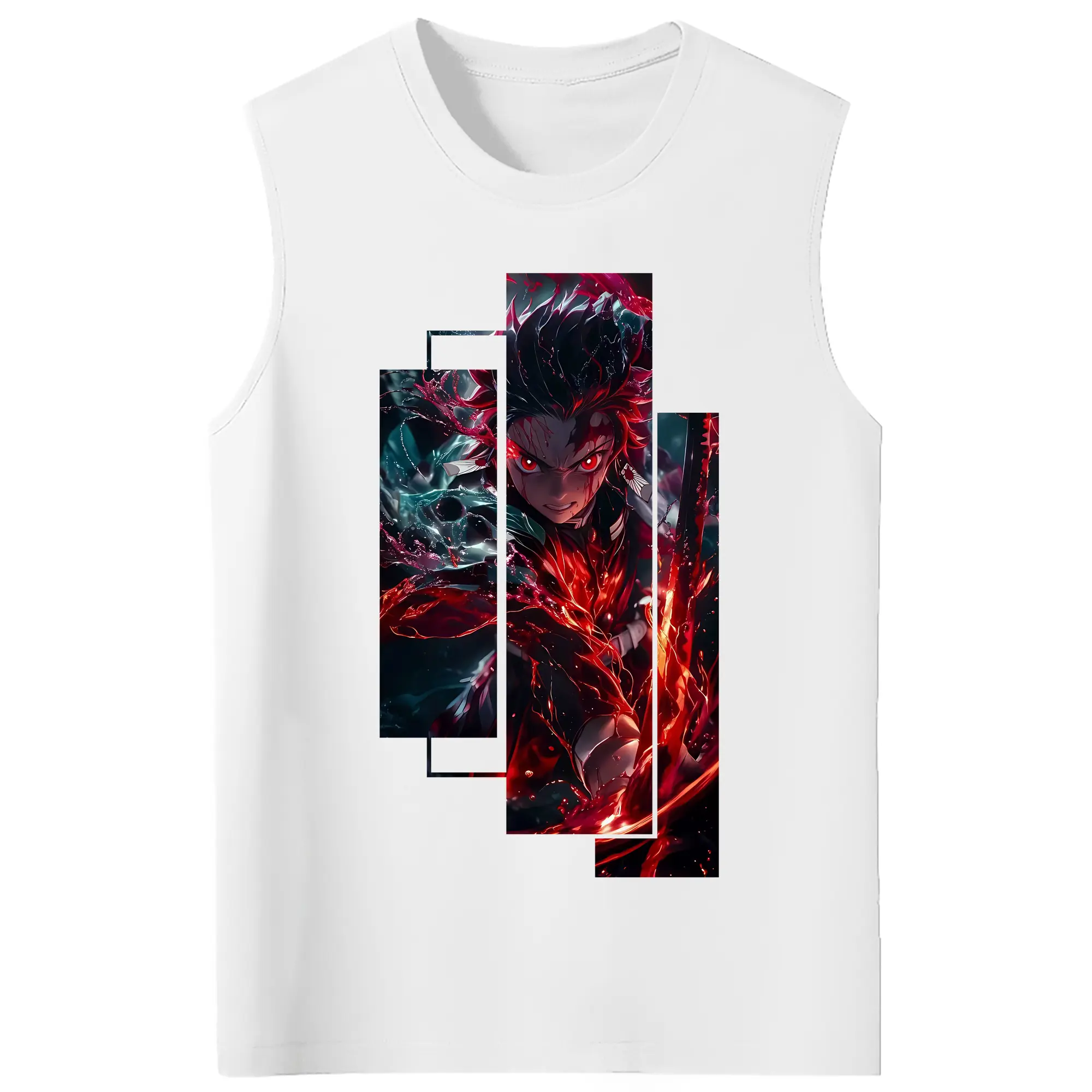 鬼滅の刃 グッズ,竈門 炭治郎 - コットン100％ タンクトップ ・ フロントプリント ・ タイトフィット ・ 快適 通気性 ・ スポーツ カジュアル 散歩用