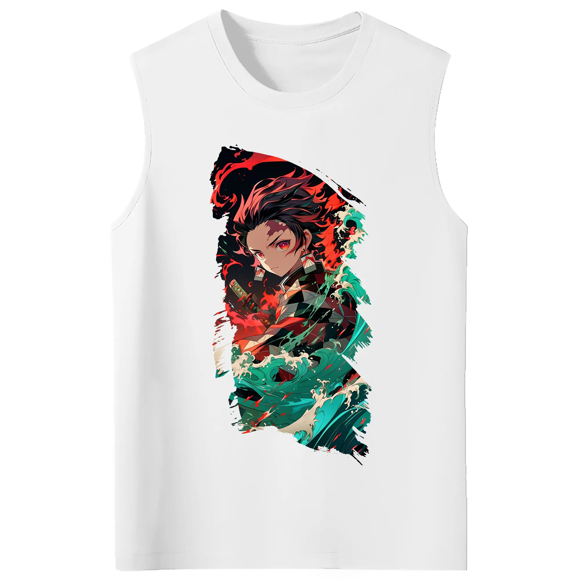 鬼滅の刃 グッズ,竈門 炭治郎 - コットン100％ タンクトップ ・ フロントプリント ・ タイトフィット ・ 快適 通気性 ・ スポーツ カジュアル 散歩用