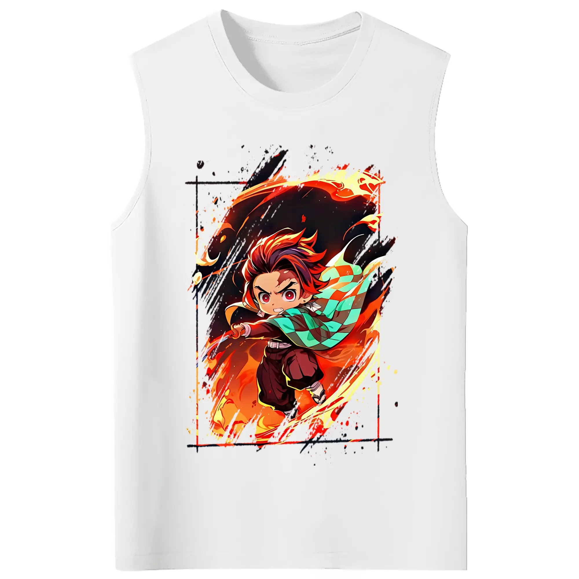 鬼滅の刃 グッズ,竈門 炭治郎 - コットン100％ タンクトップ ・ フロントプリント ・ タイトフィット ・ 快適 通気性 ・ スポーツ カジュアル 散歩用
