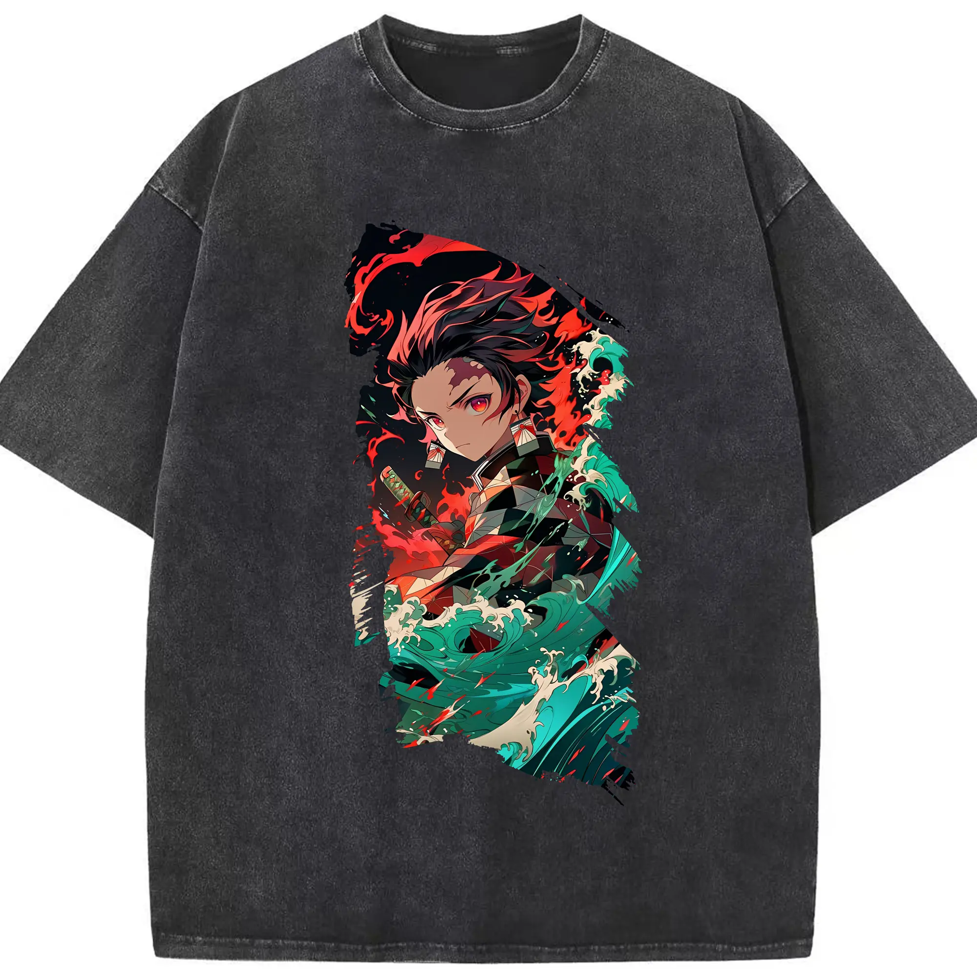 鬼滅の刃 グッズ,竈門 炭治郎 - 綿100％ ヴィンテージ風 半袖Tシャツ ・ フロントプリント ・ 柔らか肌触り ・ 通気性 快適 ・ スポーツ カジュアル 外出用