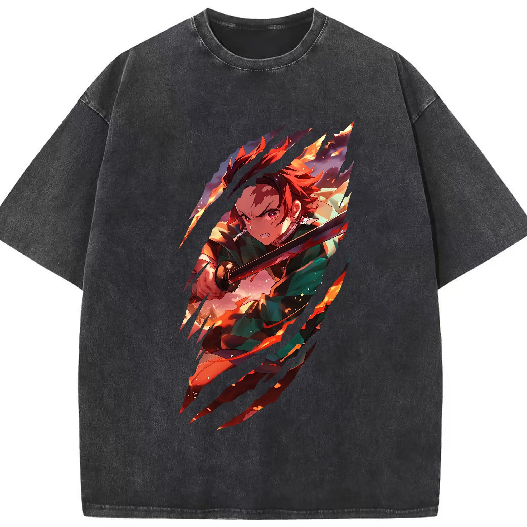 鬼滅の刃 グッズ,竈門 炭治郎 - 綿100％ ヴィンテージ風 半袖Tシャツ ・ フロントプリント ・ 柔らか肌触り ・ 通気性 快適 ・ スポーツ カジュアル 外出用