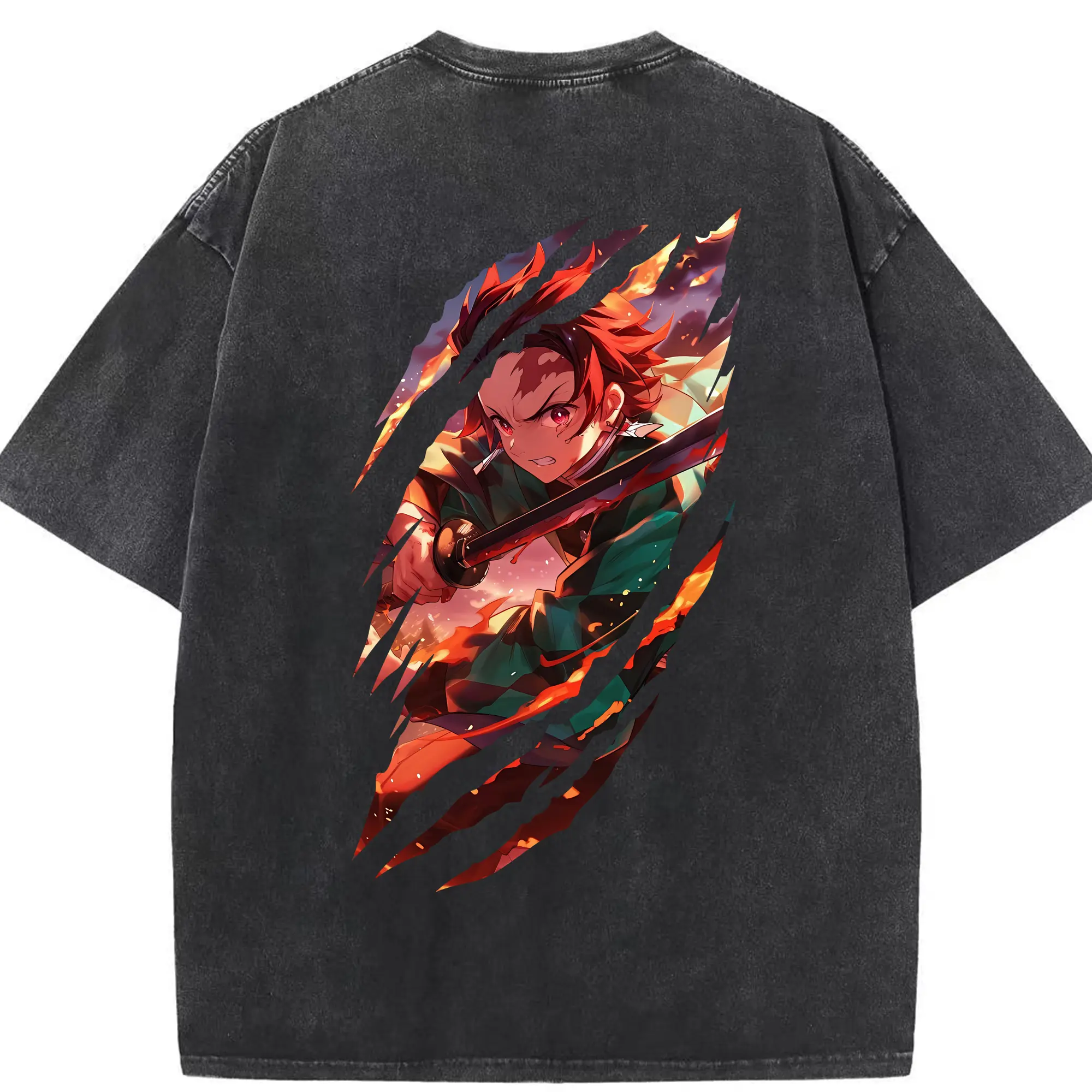 鬼滅の刃 グッズ,竈門 炭治郎 - 綿100％ ヴィンテージ風 半袖Tシャツ ・ 背面プリント ・ 柔らか肌触り ・ 通気性 快適 ・ スポーツ カジュアル 外出用