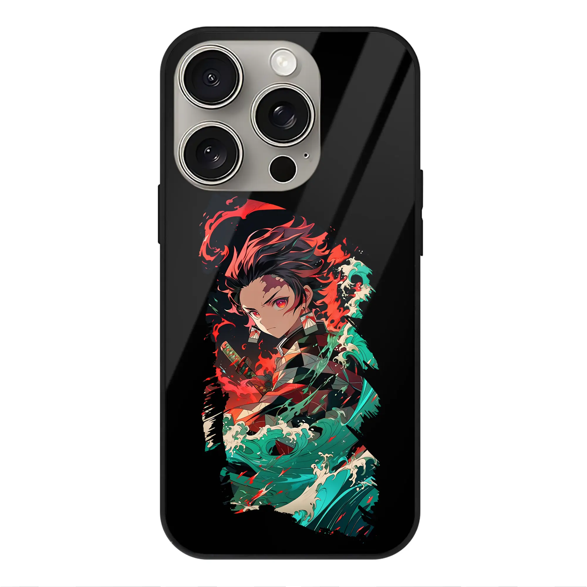 鬼滅の刃 グッズ,竈門 炭治郎 - IPhone15Pro対応 ・ スマホケース ・ 背面ガラス ・ TPU+強化ガラス ・ 耐衝撃 ・ 黄変防止 ・ ワイヤレス充電対応 ・ 3D立体ボタン