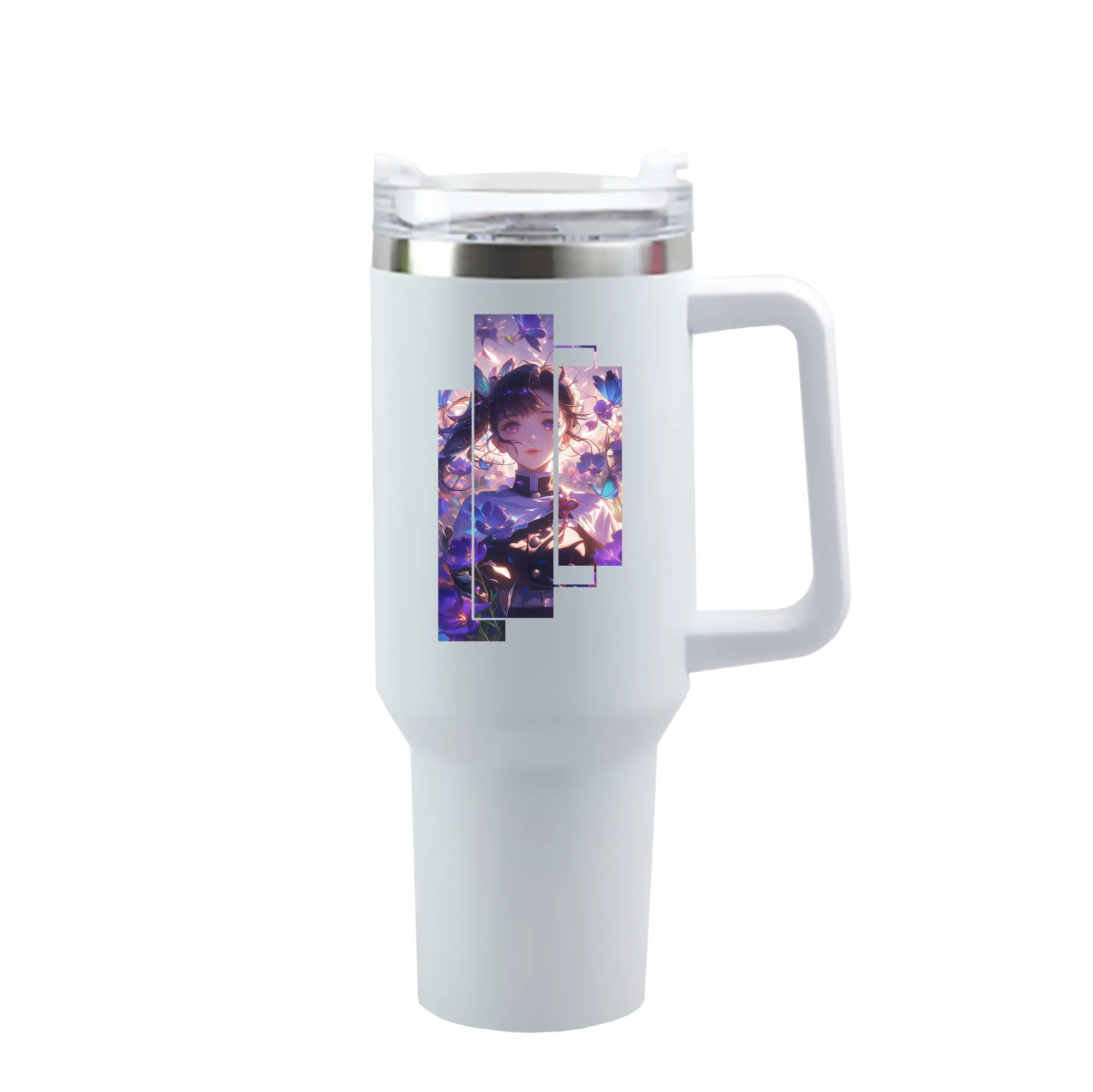 鬼滅の刃 グッズ,栗花落 カナヲ - 1200mL 車用タンブラー ・ クリスタルステッカー ・ 304ステンレス 内側 ・ 201ステンレス 外側 ・ 保温 保冷 ・ ハンドル＆ストロー付き ・ 通勤 ドライブ アウトドア用