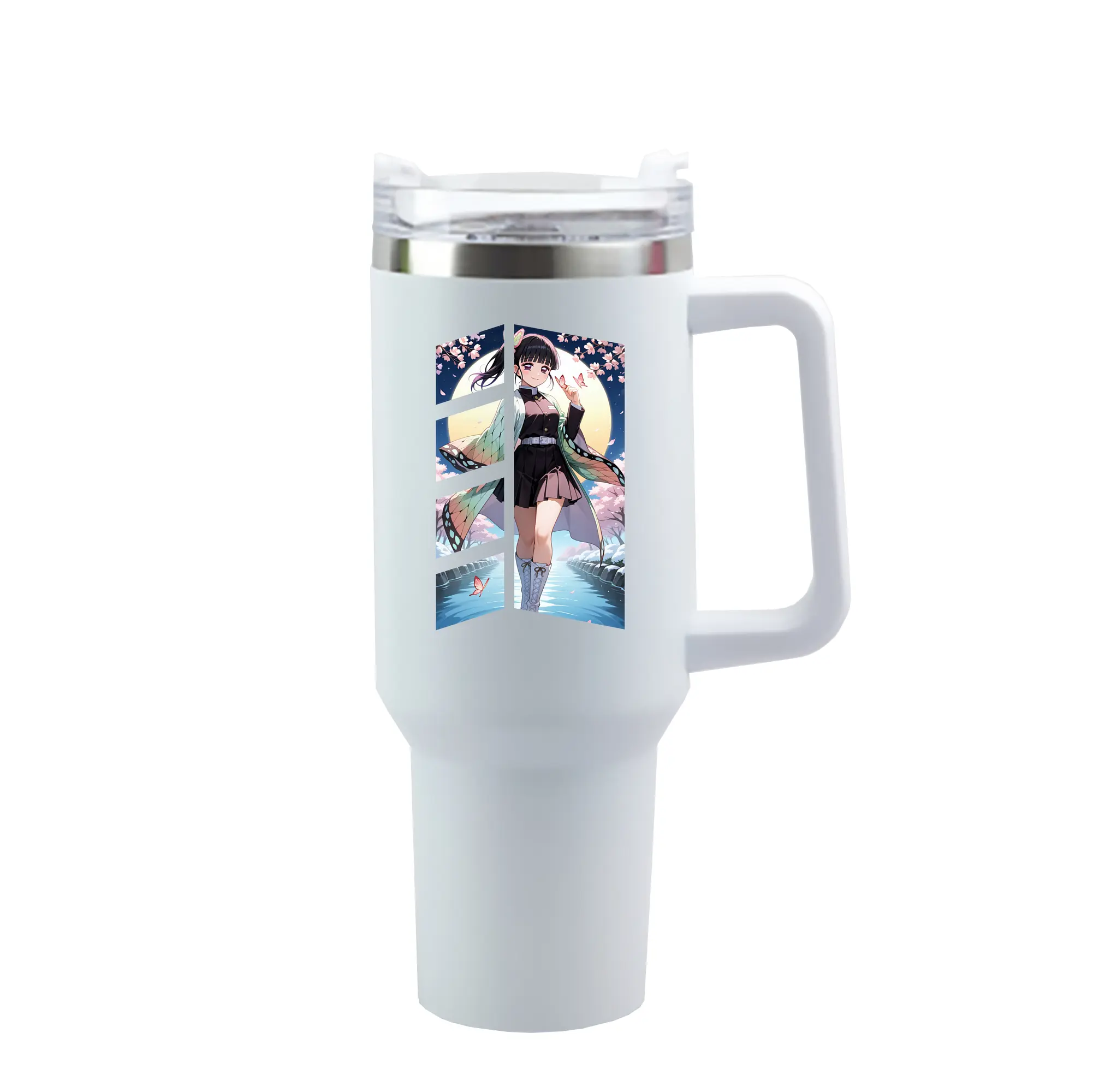 鬼滅の刃 グッズ,栗花落 カナヲ - 1200mL 車用タンブラー ・ クリスタルステッカー ・ 304ステンレス 内側 ・ 201ステンレス 外側 ・ 保温 保冷 ・ ハンドル＆ストロー付き ・ 通勤 ドライブ アウトドア用