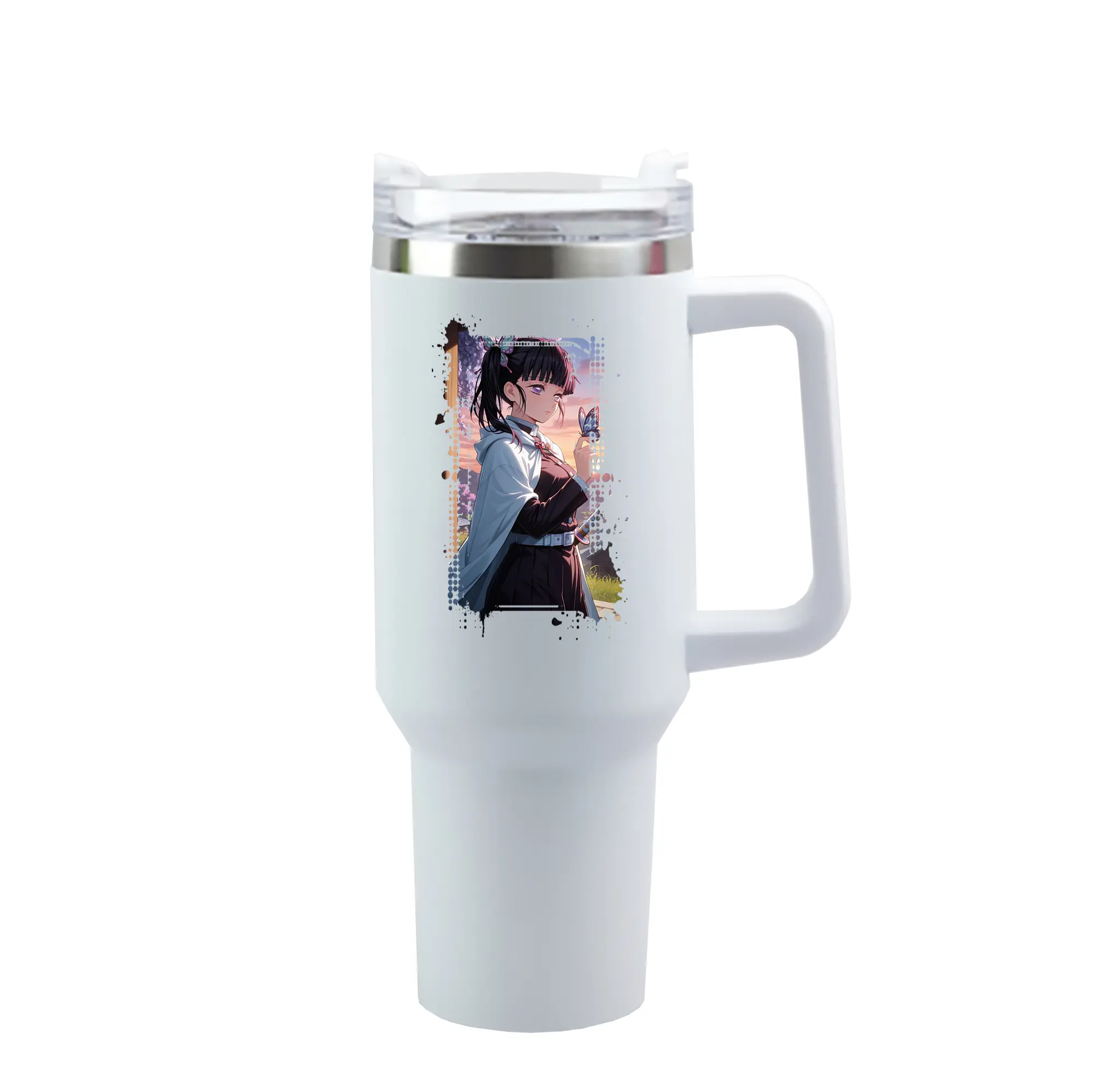 鬼滅の刃 グッズ,栗花落 カナヲ - 1200mL 車用タンブラー ・ クリスタルステッカー ・ 304ステンレス 内側 ・ 201ステンレス 外側 ・ 保温 保冷 ・ ハンドル＆ストロー付き ・ 通勤 ドライブ アウトドア用