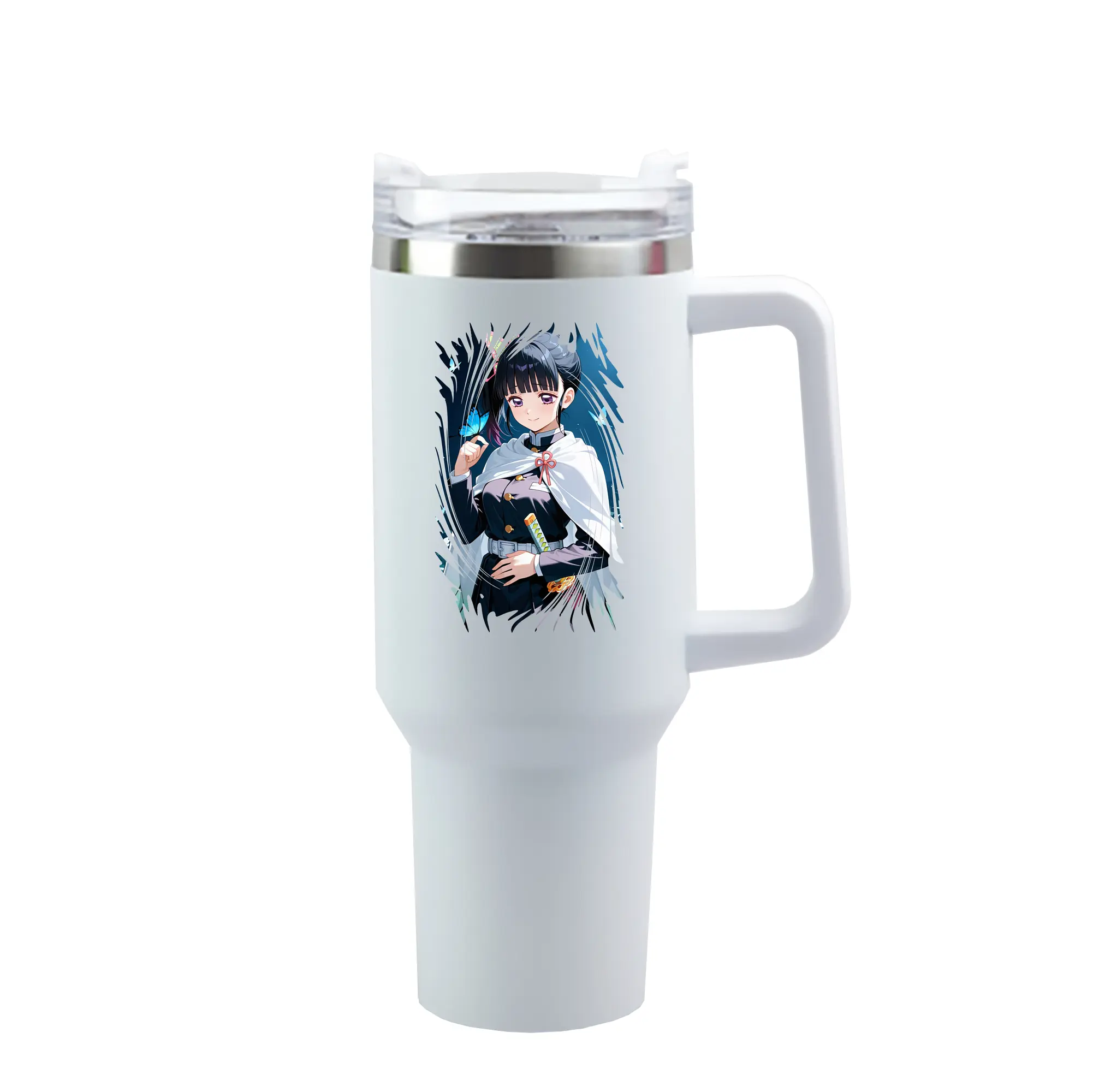 鬼滅の刃 グッズ,栗花落 カナヲ - 1200mL 車用タンブラー ・ クリスタルステッカー ・ 304ステンレス 内側 ・ 201ステンレス 外側 ・ 保温 保冷 ・ ハンドル＆ストロー付き ・ 通勤 ドライブ アウトドア用