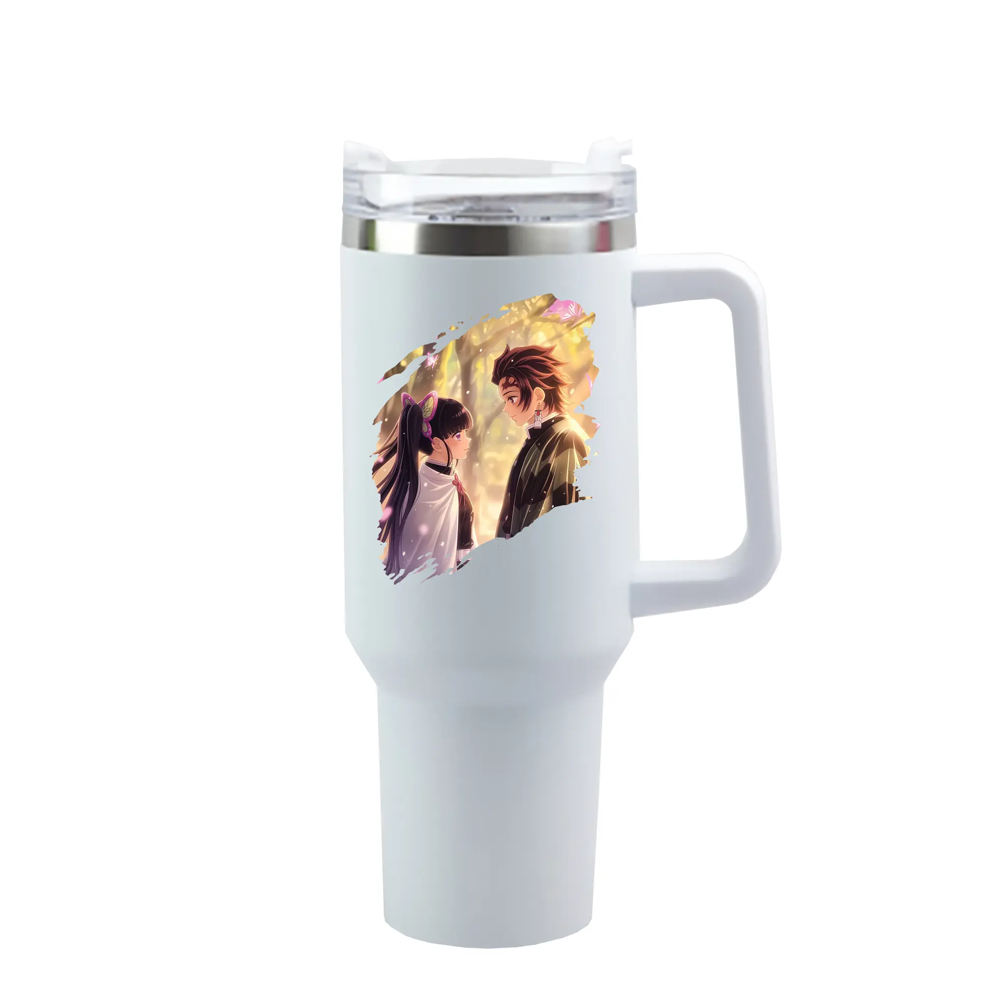 鬼滅の刃 グッズ,栗花落 カナヲ - 1200mL 車用タンブラー ・ クリスタルステッカー ・ 304ステンレス 内側 ・ 201ステンレス 外側 ・ 保温 保冷 ・ ハンドル＆ストロー付き ・ 通勤 ドライブ アウトドア用