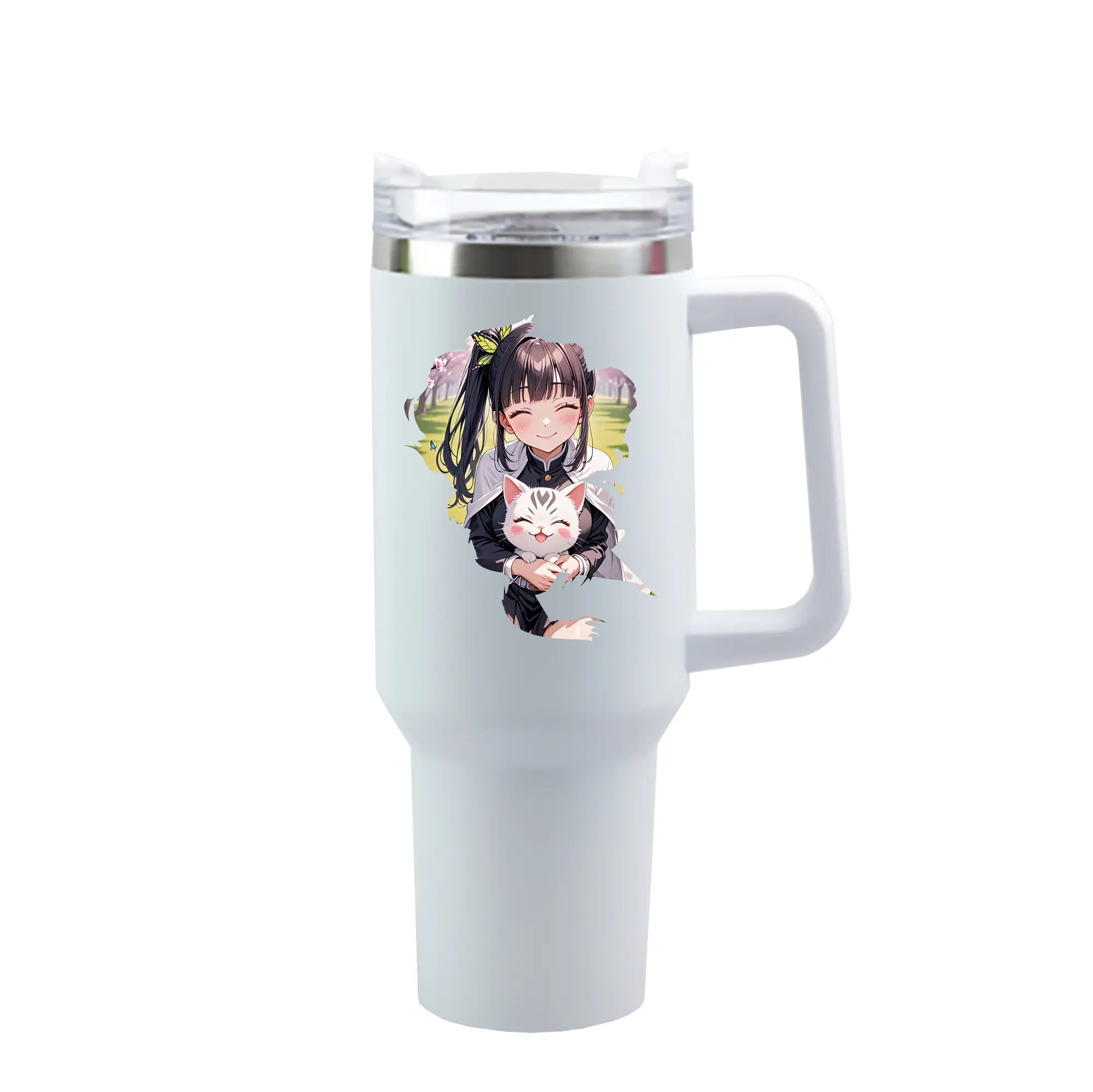 鬼滅の刃 グッズ,栗花落 カナヲ - 1200mL 車用タンブラー ・ クリスタルステッカー ・ 304ステンレス 内側 ・ 201ステンレス 外側 ・ 保温 保冷 ・ ハンドル＆ストロー付き ・ 通勤 ドライブ アウトドア用