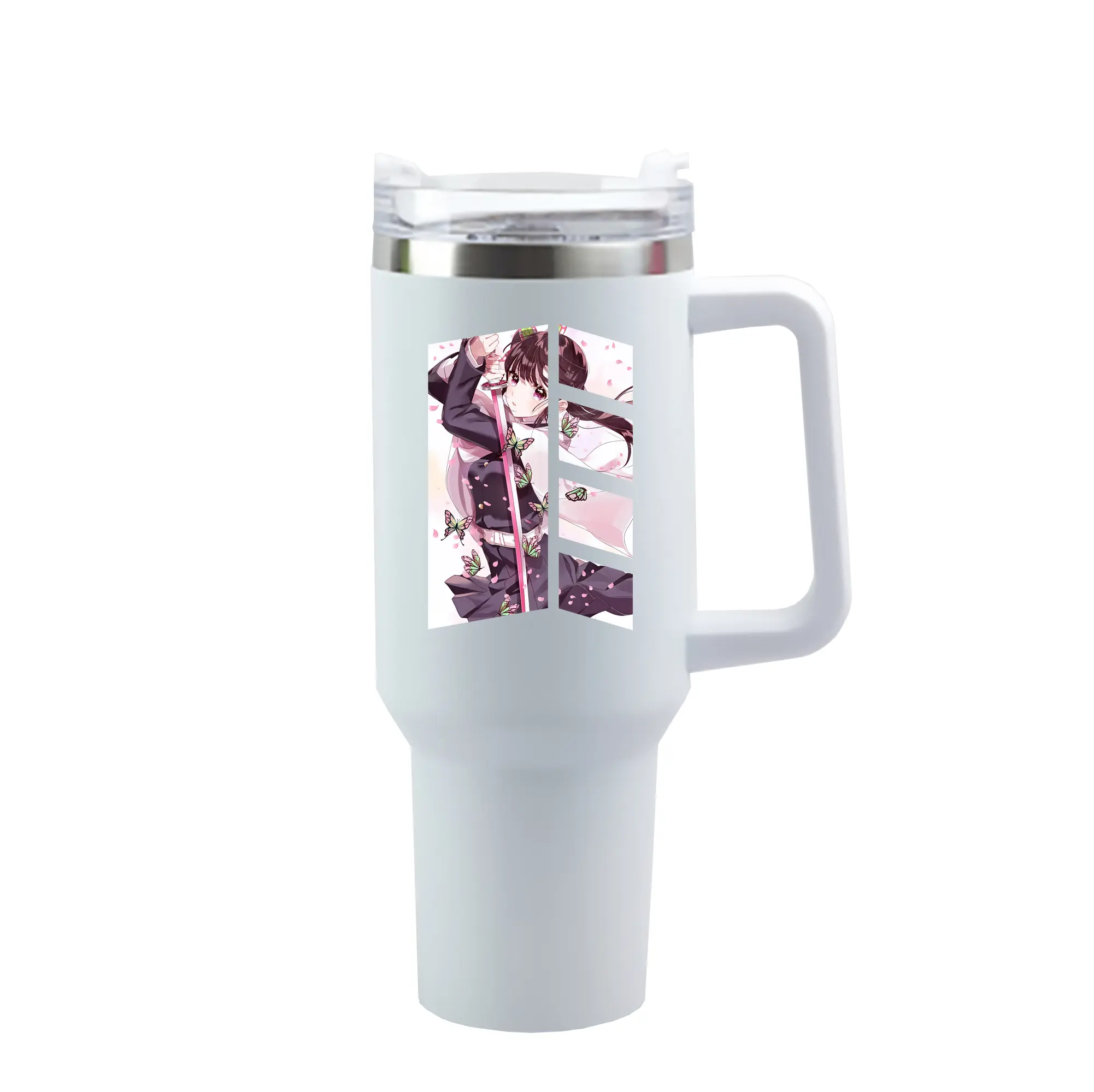 鬼滅の刃 グッズ,栗花落 カナヲ - 1200mL 車用タンブラー ・ クリスタルステッカー ・ 304ステンレス 内側 ・ 201ステンレス 外側 ・ 保温 保冷 ・ ハンドル＆ストロー付き ・ 通勤 ドライブ アウトドア用