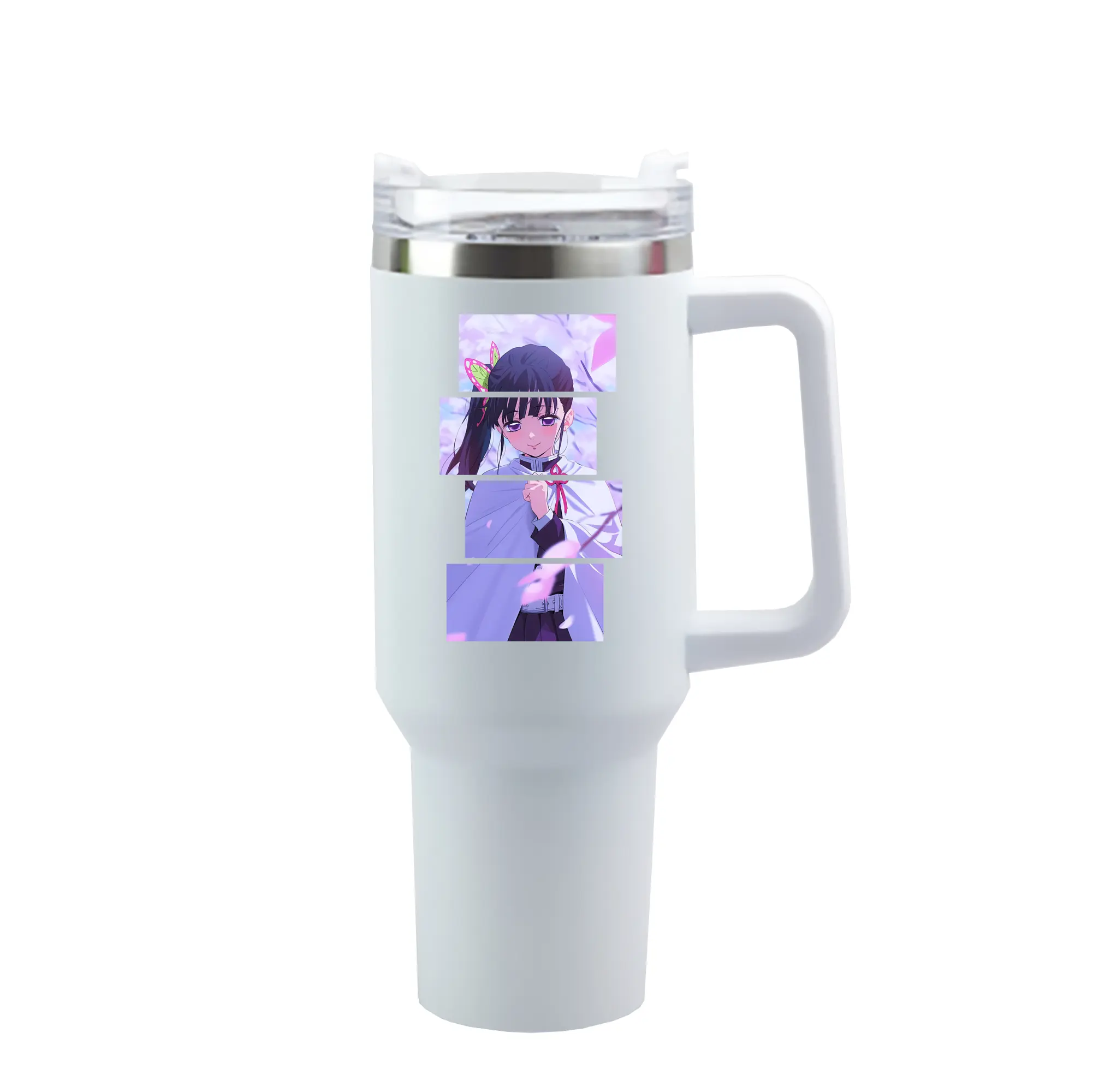 鬼滅の刃 グッズ,栗花落 カナヲ - 1200mL 車用タンブラー ・ クリスタルステッカー ・ 304ステンレス 内側 ・ 201ステンレス 外側 ・ 保温 保冷 ・ ハンドル＆ストロー付き ・ 通勤 ドライブ アウトドア用