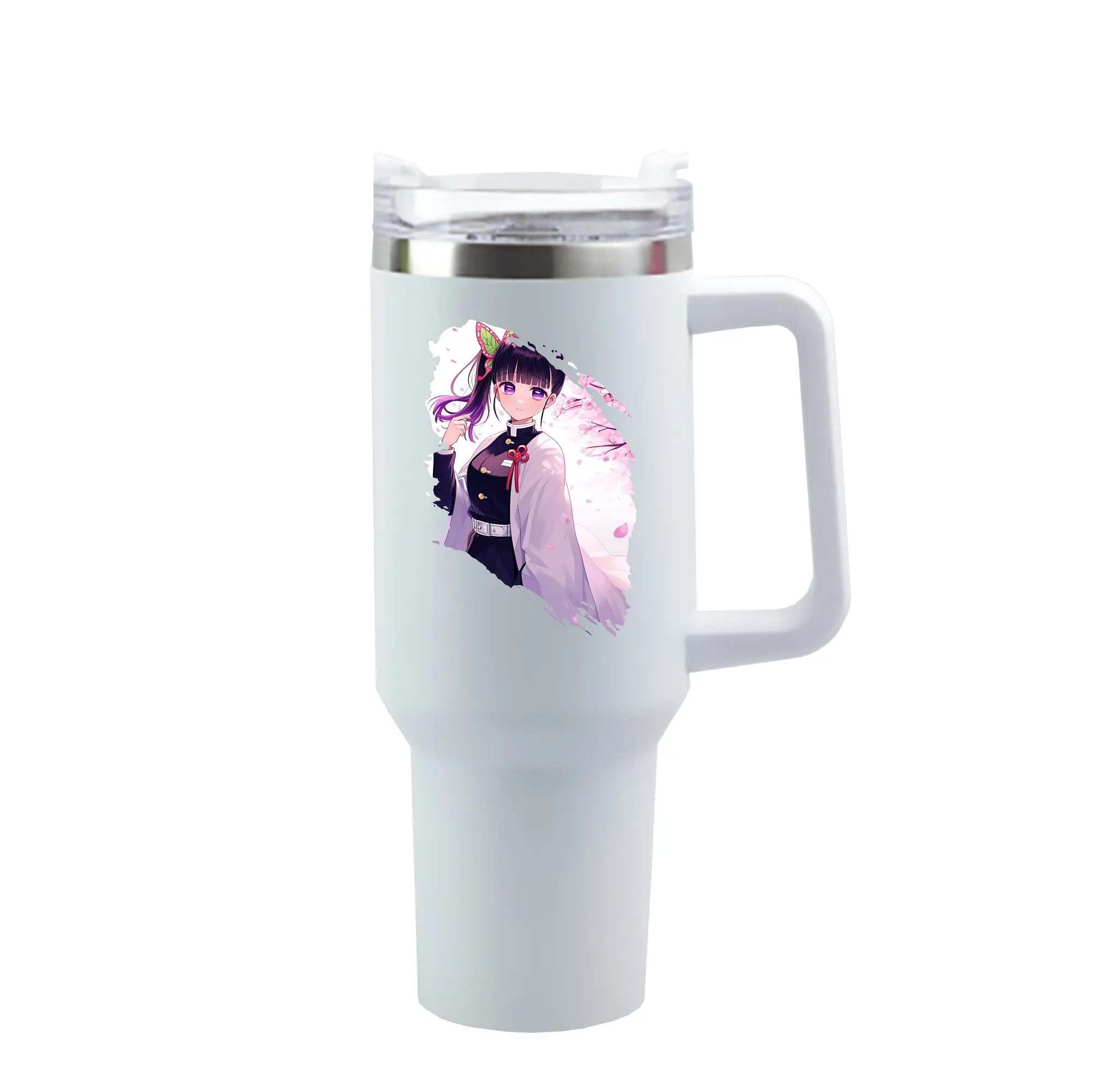 鬼滅の刃 グッズ,栗花落 カナヲ - 1200mL 車用タンブラー ・ クリスタルステッカー ・ 304ステンレス 内側 ・ 201ステンレス 外側 ・ 保温 保冷 ・ ハンドル＆ストロー付き ・ 通勤 ドライブ アウトドア用