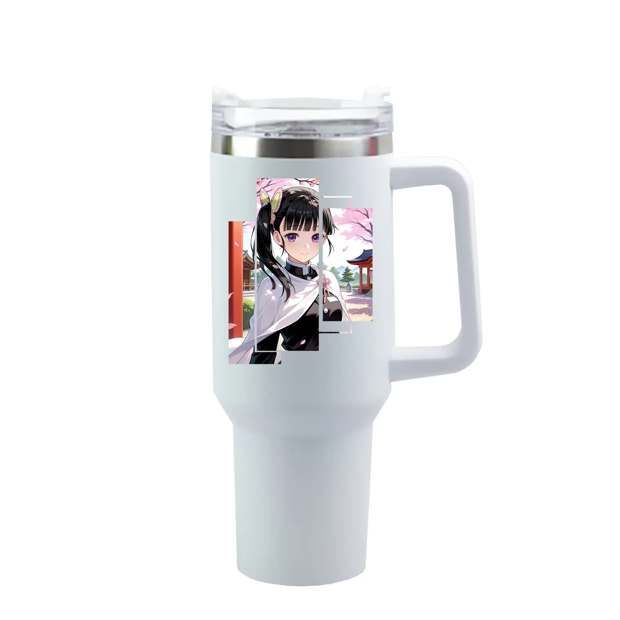 鬼滅の刃 グッズ,栗花落 カナヲ - 1200mL 車用タンブラー ・ クリスタルステッカー ・ 304ステンレス 内側 ・ 201ステンレス 外側 ・ 保温 保冷 ・ ハンドル＆ストロー付き ・ 通勤 ドライブ アウトドア用