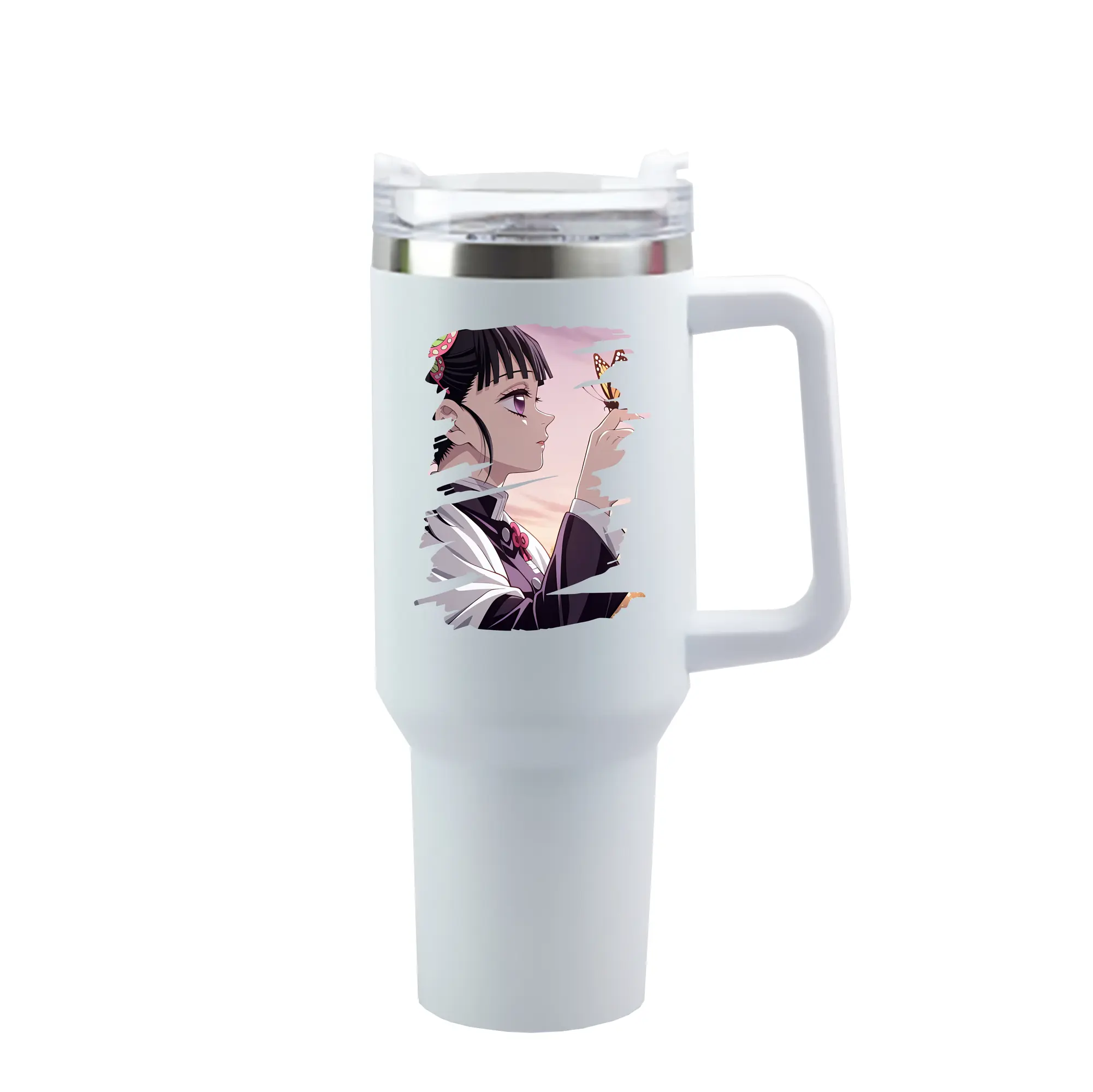 鬼滅の刃 グッズ,栗花落 カナヲ - 1200mL 車用タンブラー ・ クリスタルステッカー ・ 304ステンレス 内側 ・ 201ステンレス 外側 ・ 保温 保冷 ・ ハンドル＆ストロー付き ・ 通勤 ドライブ アウトドア用