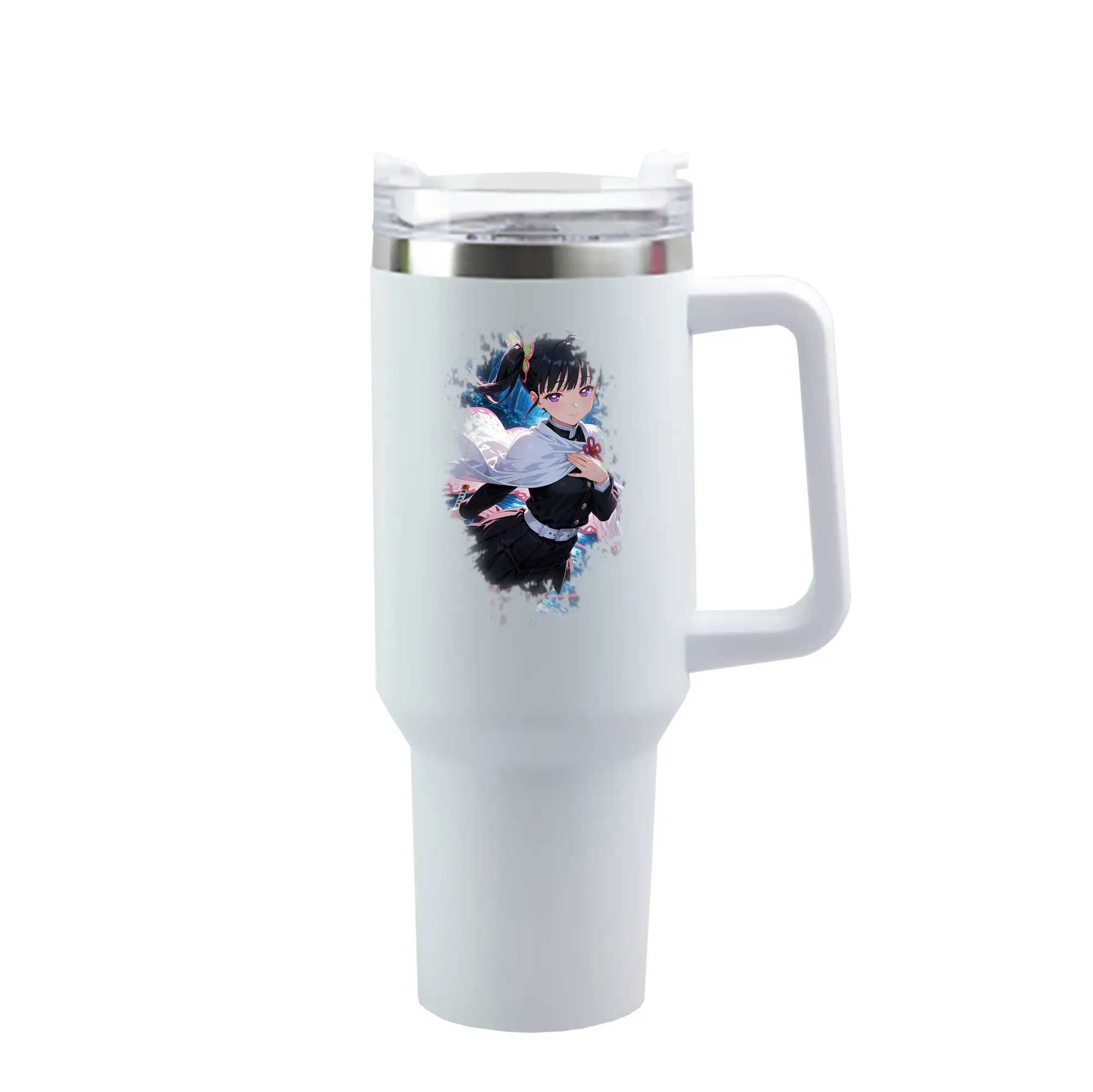 鬼滅の刃 グッズ,栗花落 カナヲ - 1200mL 車用タンブラー ・ クリスタルステッカー ・ 304ステンレス 内側 ・ 201ステンレス 外側 ・ 保温 保冷 ・ ハンドル＆ストロー付き ・ 通勤 ドライブ アウトドア用