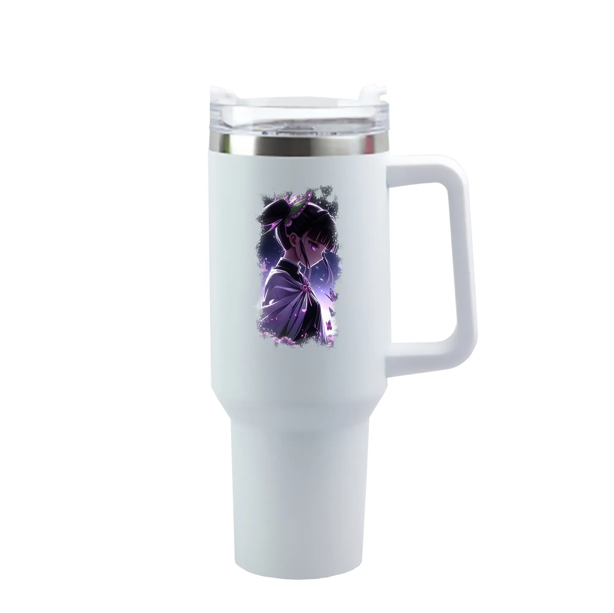 鬼滅の刃 グッズ,栗花落 カナヲ - 1200mL 車用タンブラー ・ クリスタルステッカー ・ 304ステンレス 内側 ・ 201ステンレス 外側 ・ 保温 保冷 ・ ハンドル＆ストロー付き ・ 通勤 ドライブ アウトドア用